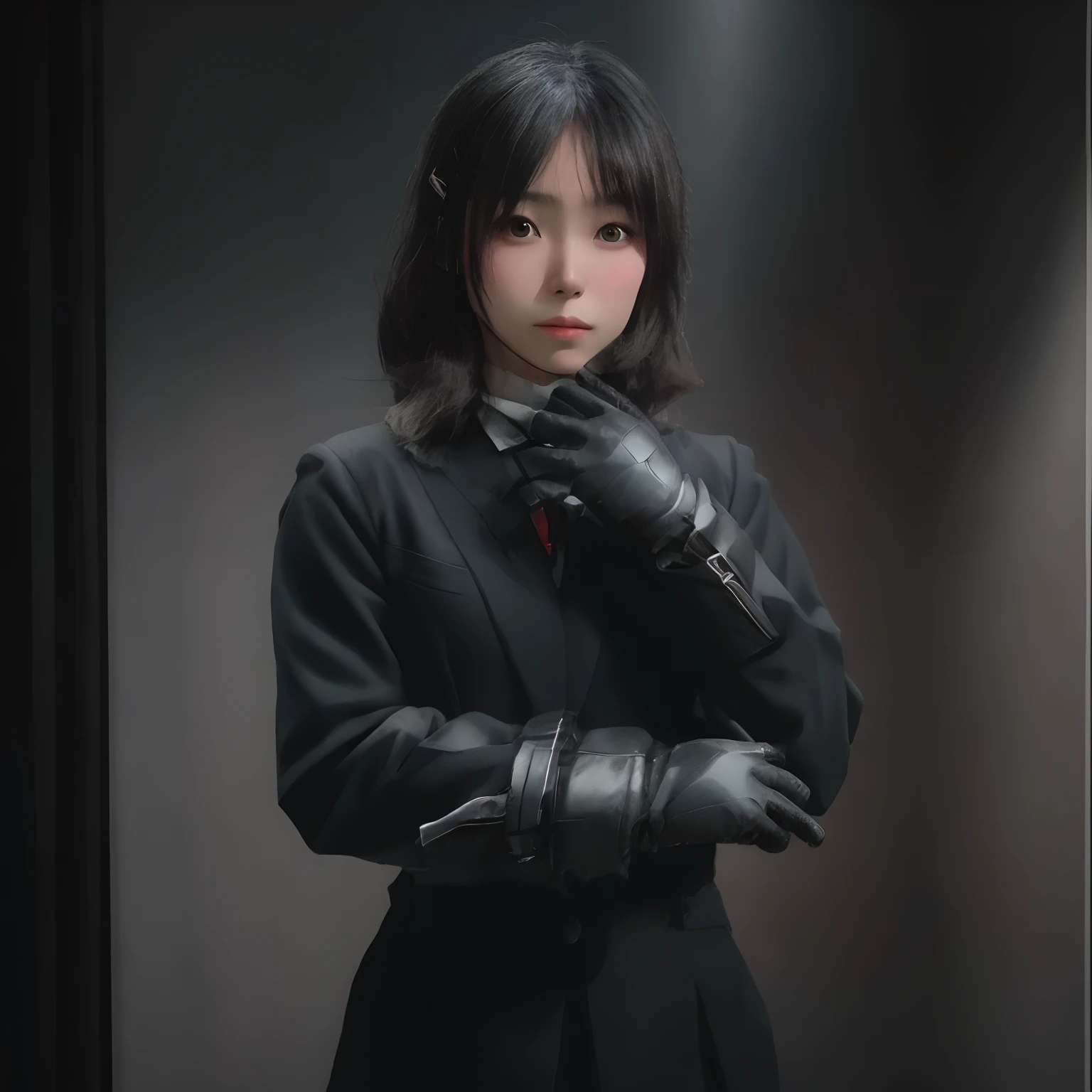 A young Japanese woman holding a black suit up to a shirt, a black leather glove worn in both hands, a woman's hand with a black suit and black leather gloves in front of her
