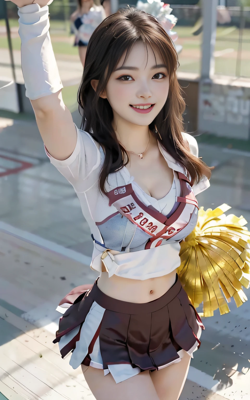 (8K、RAW Photos、top-quality、​masterpiece:1.2)、(realisitic、Photorealsitic:1.37)、1人、smile with white teeth、japanes、20yr old、femele、during daytime、a park、natural soft light、photon maping、Radio City、dark brown hair、poneyTail、((Angle from below))、(full body Esbian)、详细的脸、Detailed lips、detailedeyes、More skin、二重まぶた、(huge-breasted:1.5)、(Cheergirl Uniforms)、(a miniskirt)、Not wearing a bra、((Not wearing panties))、perfectbody、shinny skin、Lively poses like cheerleading、Jumping、cowboy  shot、A smile、Make eye contact with the camera