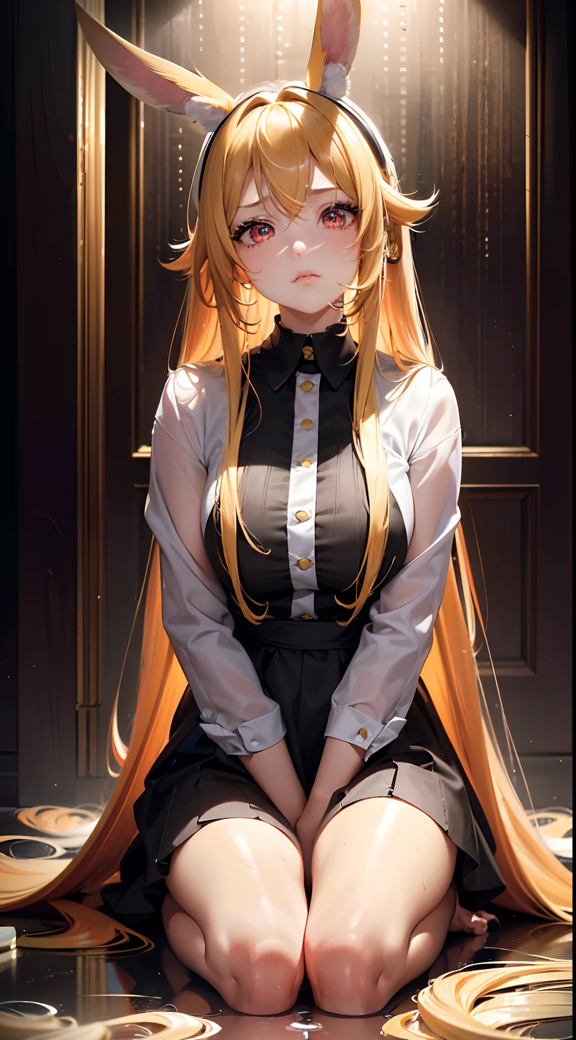 (Best quality,16k wallpaper,high resolution:1.2),Red to yellow hair, wavy and long hair, Shiny hair color, Perfectly detailed face, full pouty lips, watery big eyes, Vertical pupils, reflective light, Woman with rabbit ears, Black and white shirt, Lazily lying in a solid wooden box, Soft lighting, full body shot of