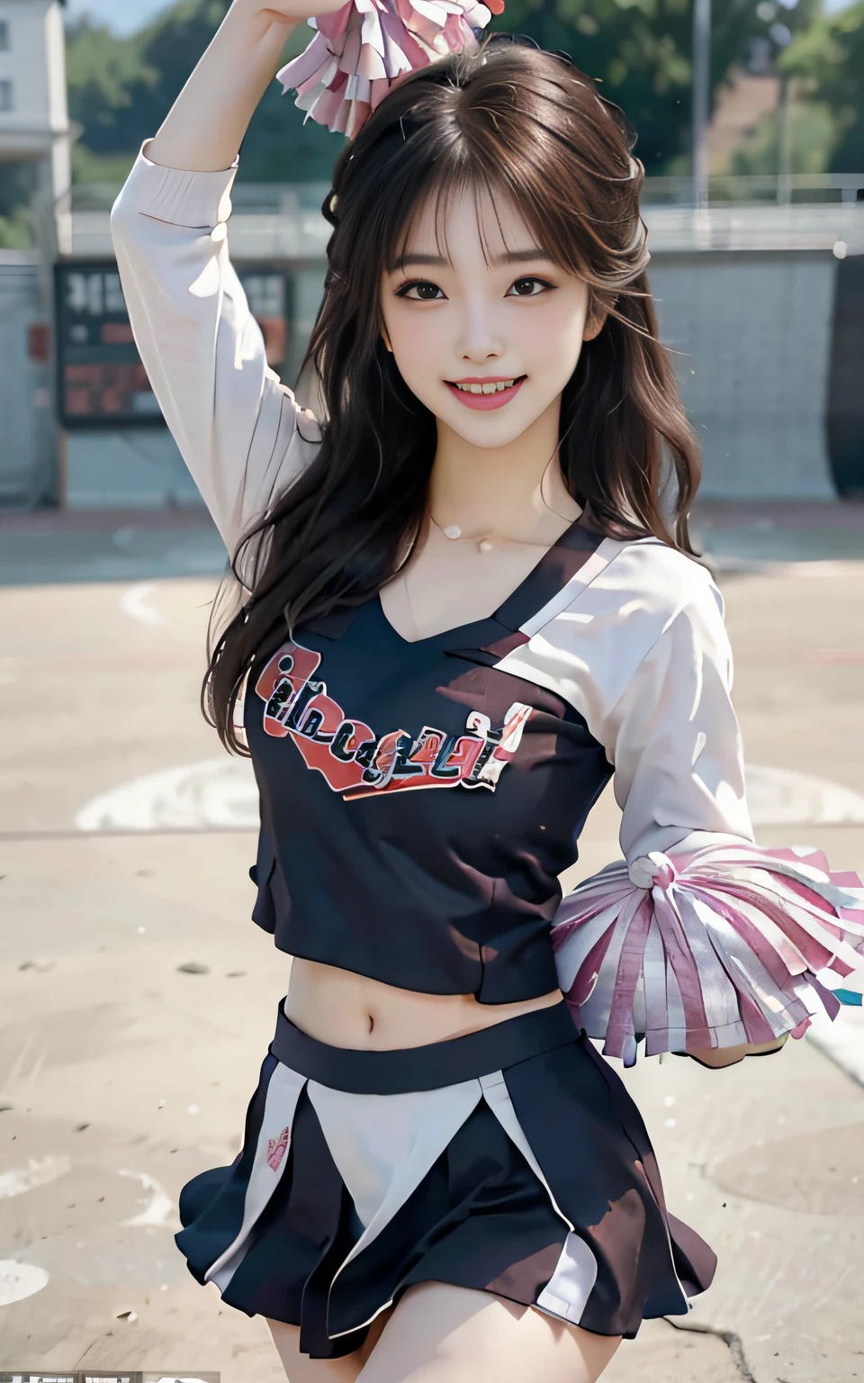 8K raw photos、Beautie:2.0、24 year old、japanes、cute little、cleavage of the breast、((cheer girl:1.5))、a miniskirt、beautiful eyes finely detailed、Eye lashes、((Brown eyes:1.2))、Beautiful double eyelids、eyeshadows、Perfect eye makeup、((A smile:1.6))、Beautiful and thin legs、(chestnut-colored hair)、Medium Hair、fluffy hair、stadio、Daytime、Latina、Photorealsitic:1.9、Sexy navel、Skinny Legs、tthin eyebrows、Tear bag、lofty nose、((Highly sexual))