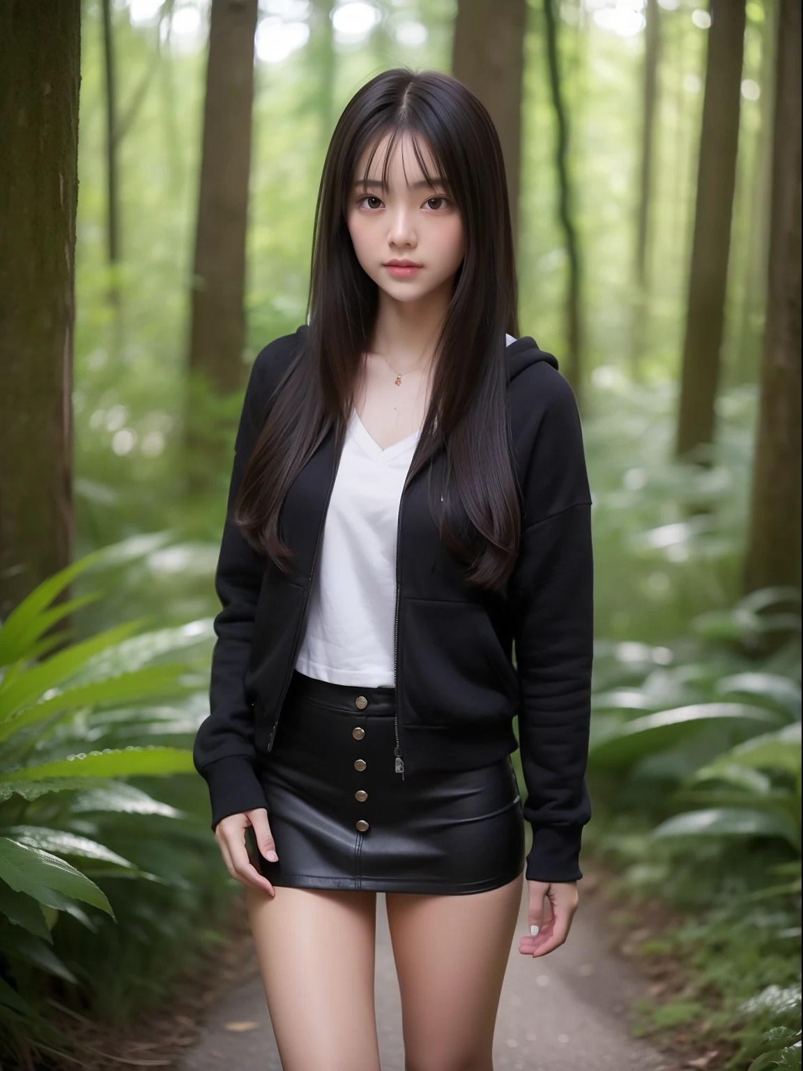 Knees,年轻,(a miniskirt),Long sleeve hoodie,teens girl,Delicate body,petite body,Delicate body,small tits,tiny chest,Short,A dark-haired,Very Longhair,poneyTail,road in forest,blushed face