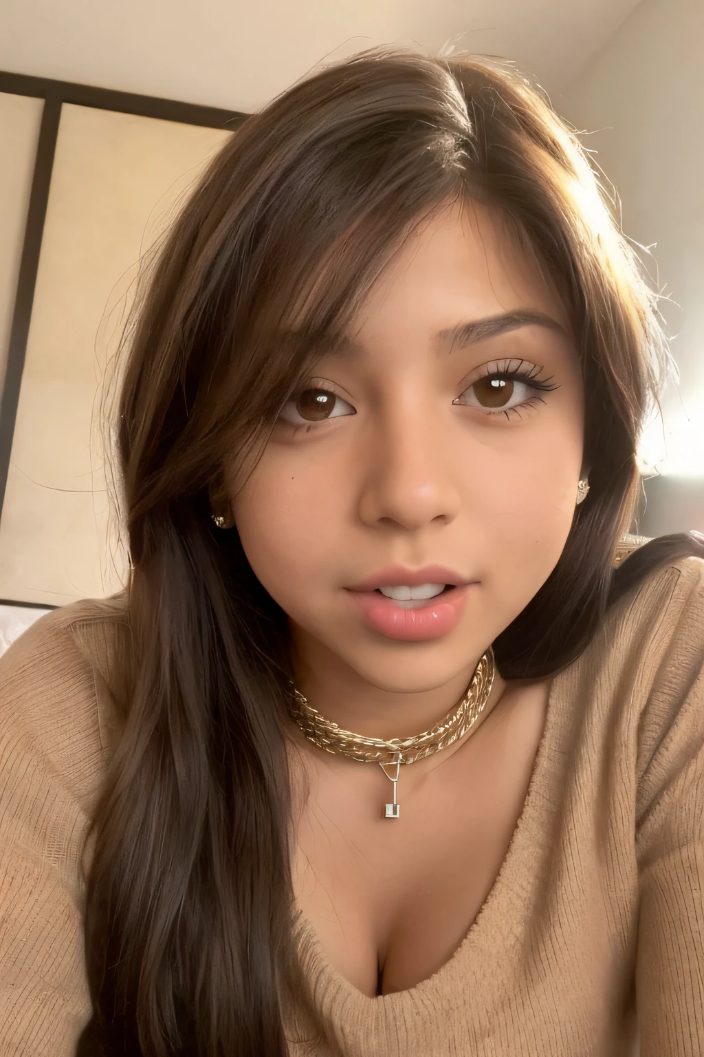 1chica en, edad19, solamente, Cabello largo, Tetas colosales, Mirando al espectador, cabello rubio, hombros desnudos, brown eyes, jewely, cuerpo completo, un collar, fuera de los hombros, Sweaters, realista, Un sexy xxx, mostrando todo.