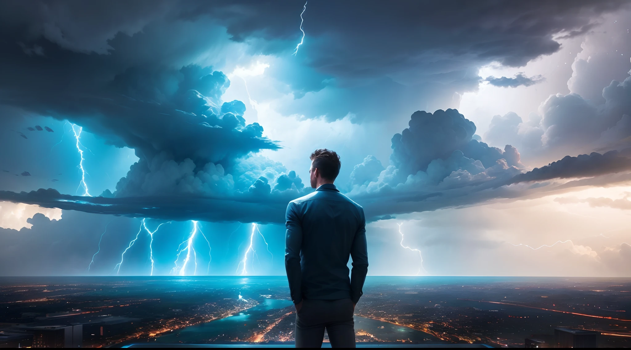 A man watching cloudy,epic Thunder and lightning storm ,with ultra hd and 3D effect,the lighting is more colourful