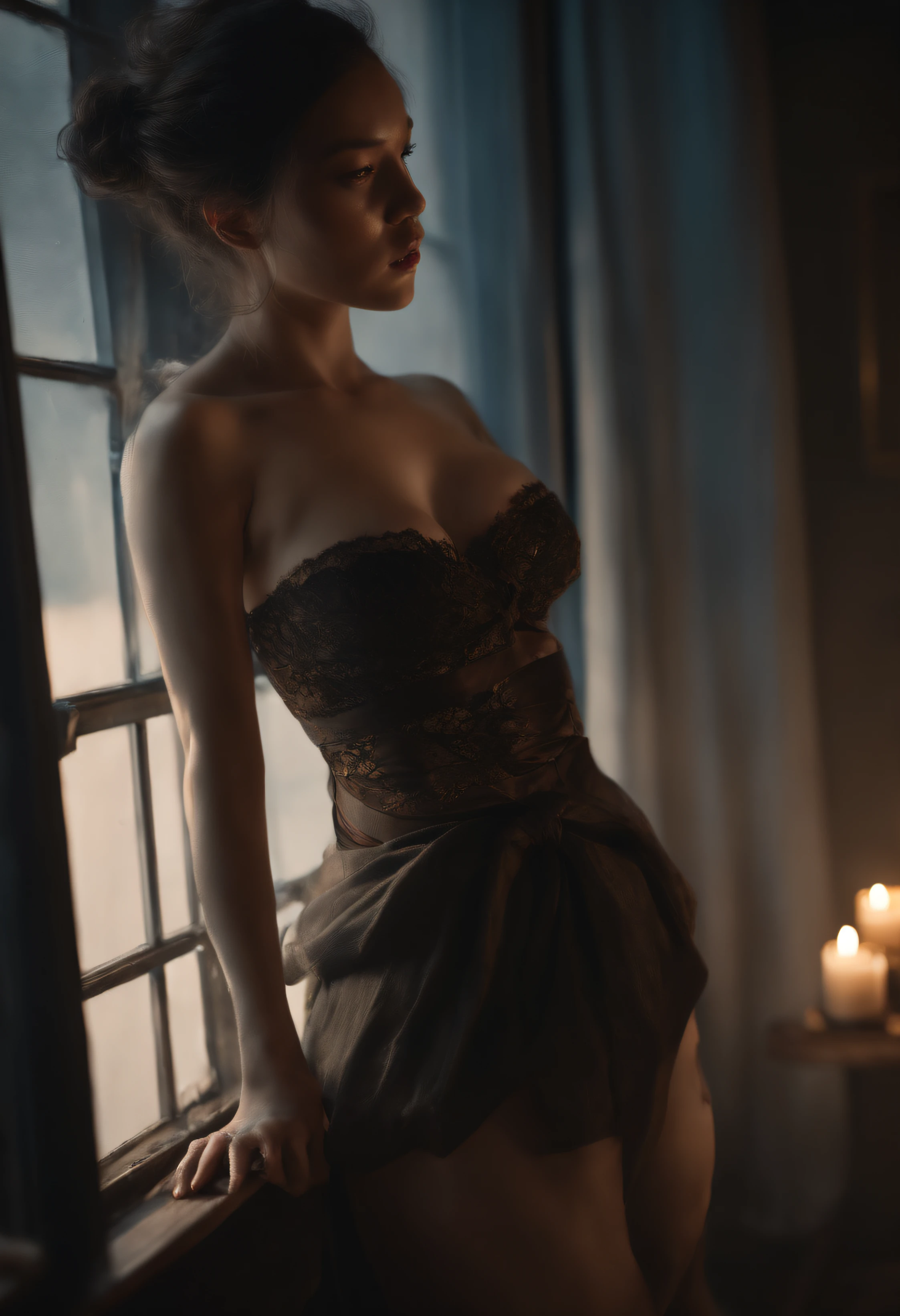 (intricate, octane render, highly detailed, 8k, hdr, uhd, high quality, professional, Unreal engine,Trending on artstation). 1 girl,((Kinbaku)),((scantily clad)),wide hips,arter belt,black lace，the style of adrian ghenie, esao andrews, jenny saville, edward hopper, surrealism, Magnificent atmosphere, sky, rich detail, high quality, magnificent background, netherworld, horror thriller, dark series, horror, thriller, western, dark,dark art by james jean, takato yamamoto, inkpunk minimalism