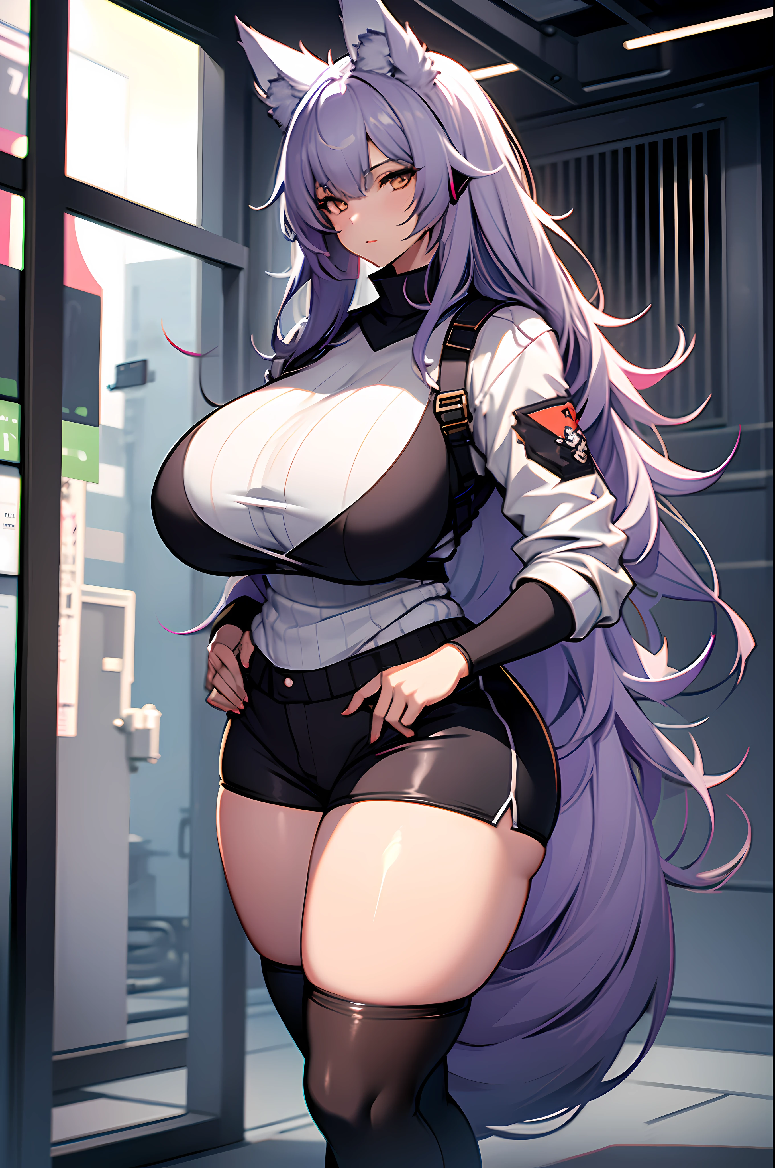 one woman, wolf girl, wolf ears, wolf tail, violet hair, strong, firm body, thick thighs, big breasts, muscular arms, casual clothes, sfw, sexy, full body, masterpiece, highly detailed, tall woman,