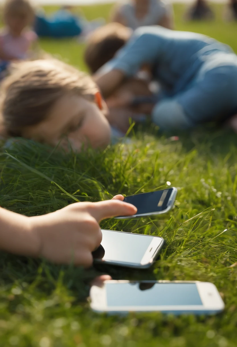 cell phone thrown on the grassy ground, children playing in the background