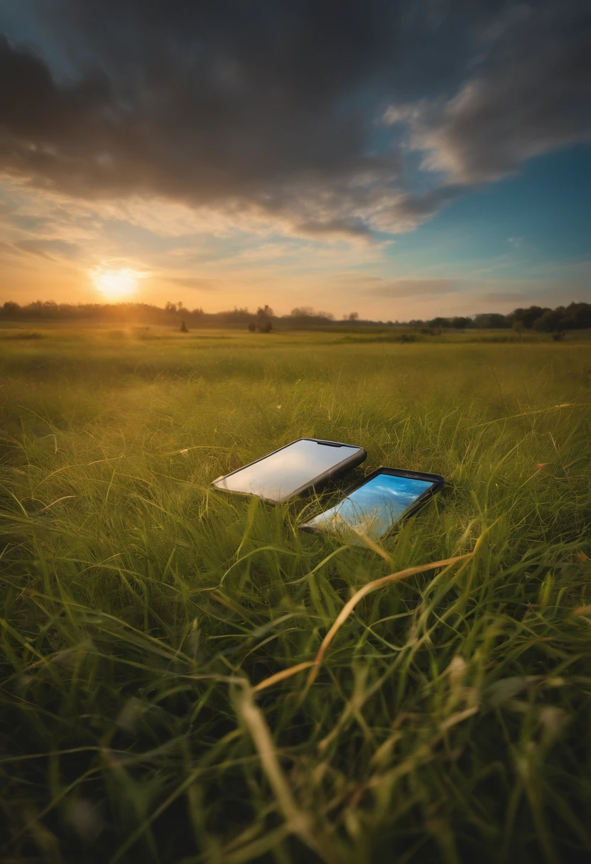 cell phone thrown on the grassy ground, children playing in the background