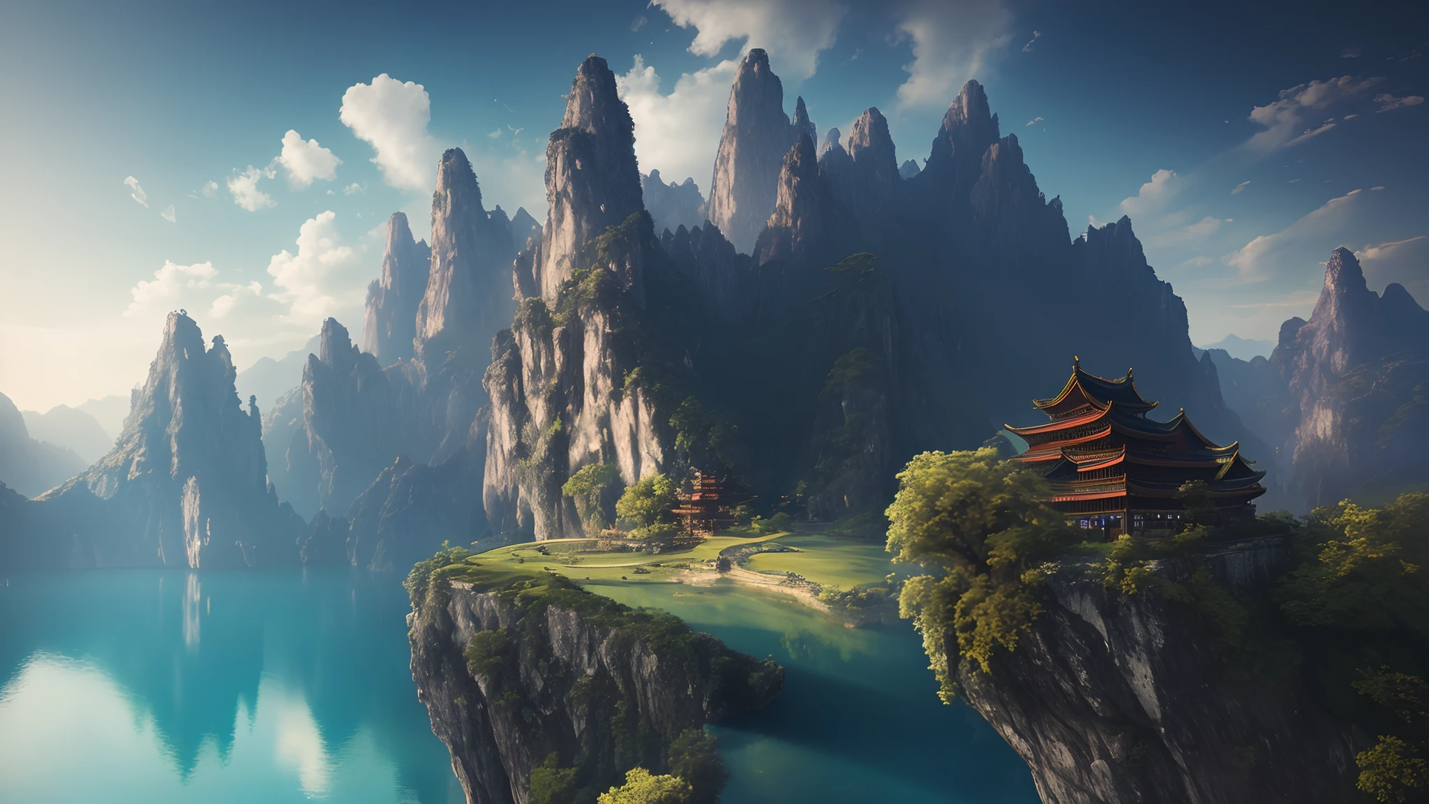 masterpiece, best quality, high quality, extremely detailed CG unity 8k wallpaper, outdoors, sky, cloud, night, no humans, mountain, A Chinese-style palace sits on the hillside, moonlight, cinemagraph, landscape, water, tree, dark sky, waterfall, cliff, nature, lake, river, cloudy sky,award winning photography, Bokeh, Depth of Field, HDR, bloom, Chromatic Aberration ,Photorealistic,extremely detailed, trending on artstation, trending on CGsociety, Intricate, High Detail, dramatic, art by midjourney