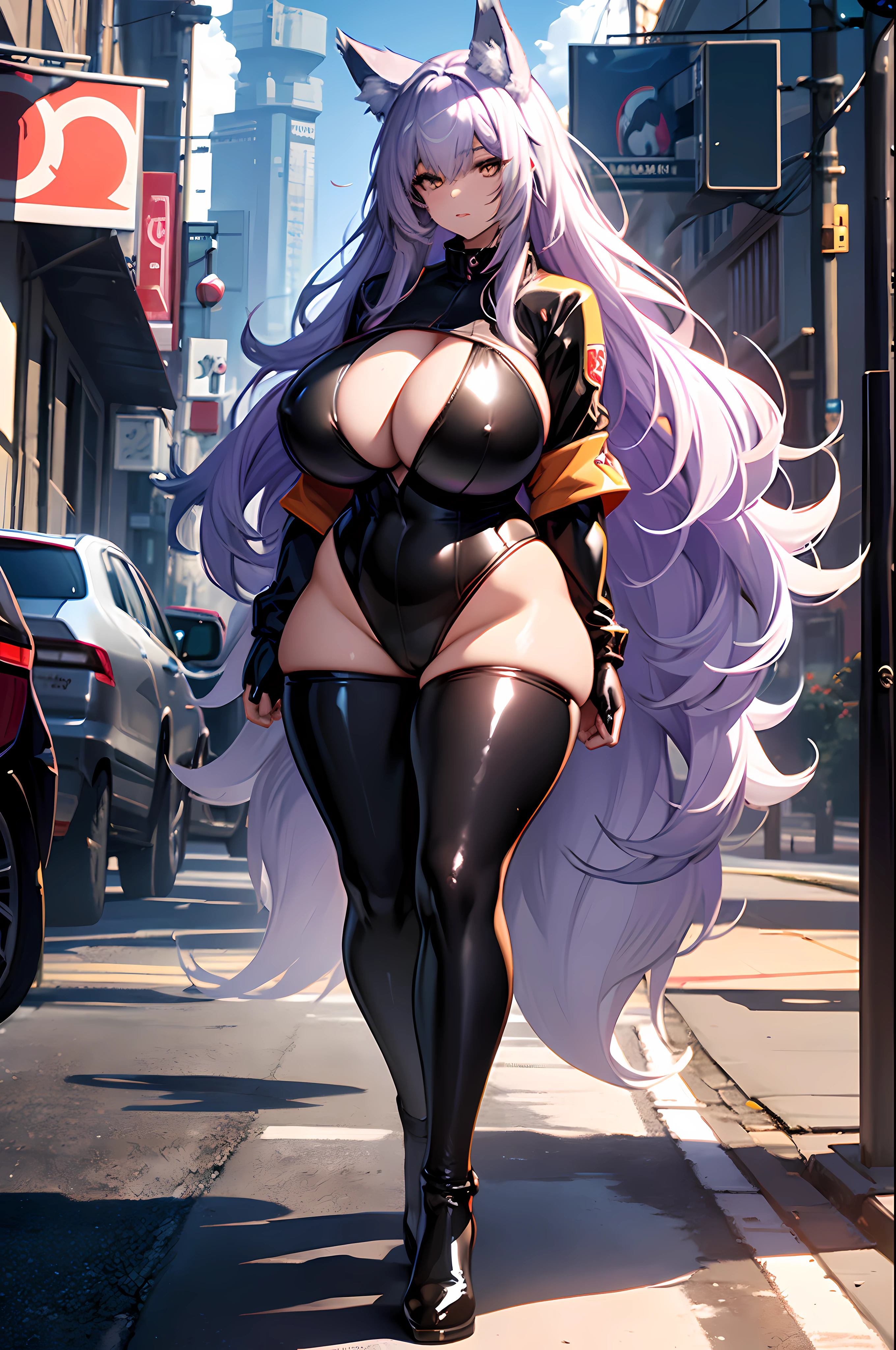 one woman, wolf girl, wolf ears, wolf tail, violet hair, strong, firm body, thick thighs, big breasts, muscular arms, casual clothes, sfw, sexy, full body, masterpiece, highly detailed, shiny clothes, tall women, fat, latex leotard, latex, plump,