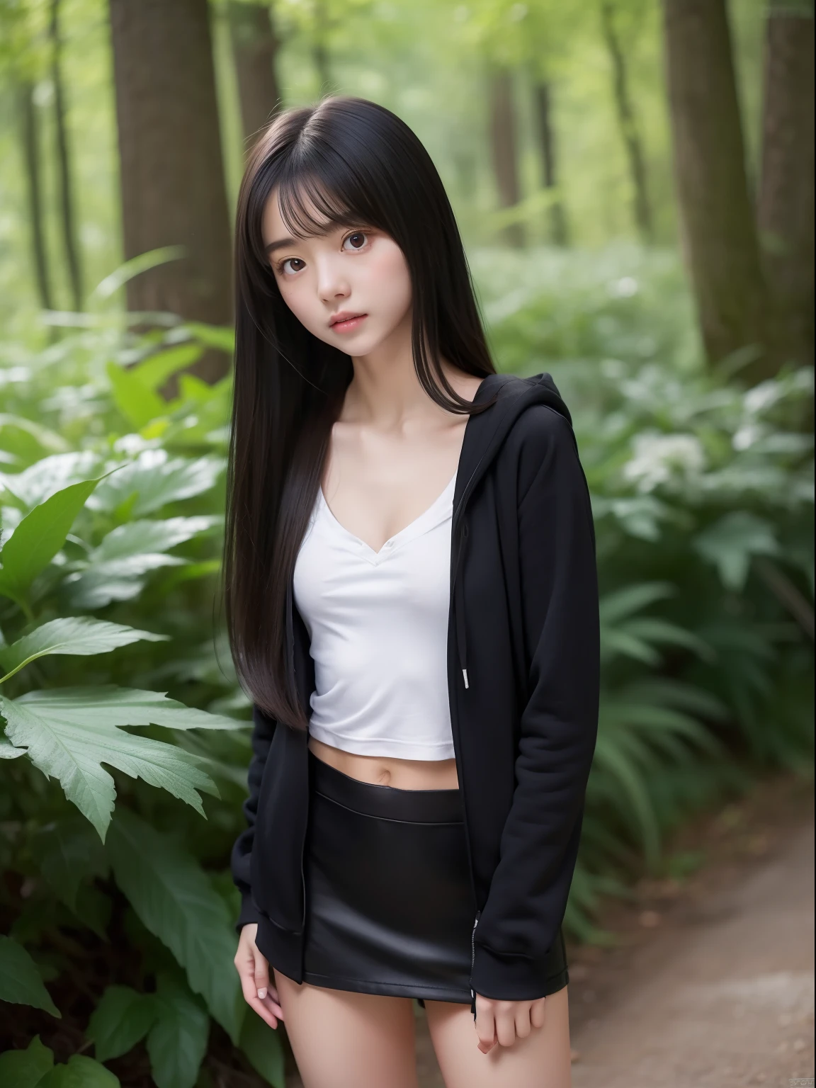 Knees,年轻,(a miniskirt),Long sleeve hoodie,s girl,Delicate body,petite body,Delicate body,small tits,tiny chest,Short,A dark-haired,Very Longhair,poneyTail,road in forest,blushed face