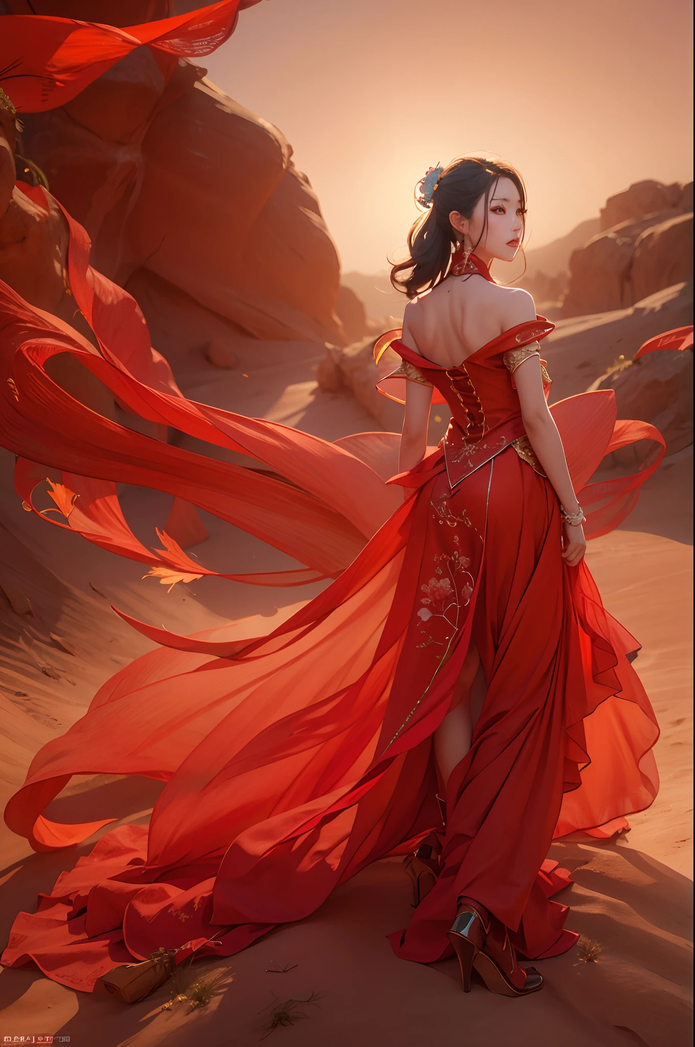 Chinese beauty in red,Refined looks,Fairy air fluttering,The gauze skirt flew up,Take photos in the desert,ultra-realistic realism,color field printing,high detal,hyper HD,anatomy correct,cinematic lighting 4d quality
