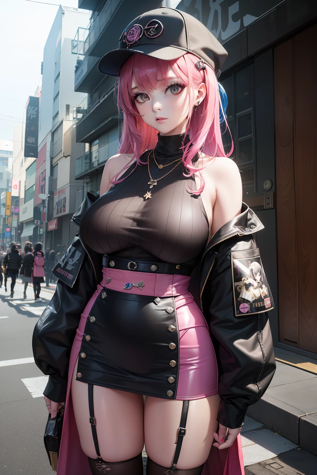 masuter piece:1.2、top-quality)、(Live action、Intricate details)、(1lady、独奏、The upper part of the body、Colossal tits) garments: Edgy、Black jumper、Pink mini skirt、Avant-garde、Experimental appearance: Long pink hair、Dramatic makeup、Unconventional fashion choices behavior: Rebel、Japanese dress、Kimono appearance、punk、Anti-system、Provocative Location: urban art district、Underground Music Scene Hobbies: Bad girl、Create mixed media art、Experiment with different subcultures values: individuality、authenticity、Creative Expression Inspiration: Runaway Ladies Leader、secretary-general、Counterculture icons、Nature: boldness、Unconventional。