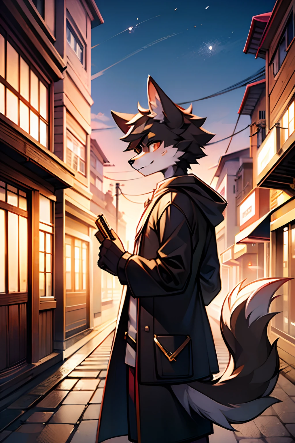 Furry male wolf，furred，bodyfur，城市，the street，独奏，longer sleeves，horizon，BREAK BREAK BREAK，AOEU，vectorial，Line art，CasualClothing，Young style，Particularly handsome，has a tail，one meter seven， old，Different colored eyes