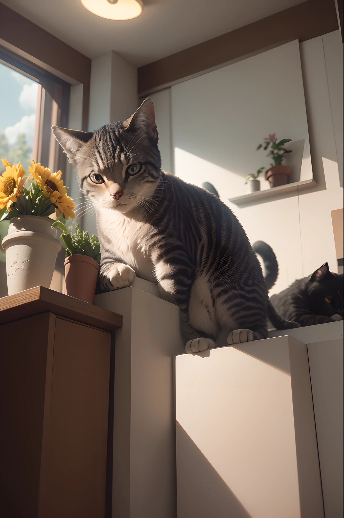 beautiful cat, In the flower shop, florals, sashimi, Photorealistic, Ultra detailed, intricately details, 8K, Super detailed, volumetr, hdr, realisticlying, Unreal Engine 5, 16k, (((Clear focus))), octan render, Highest quality, RAW photo, Cinematic composition, Hyper Real
