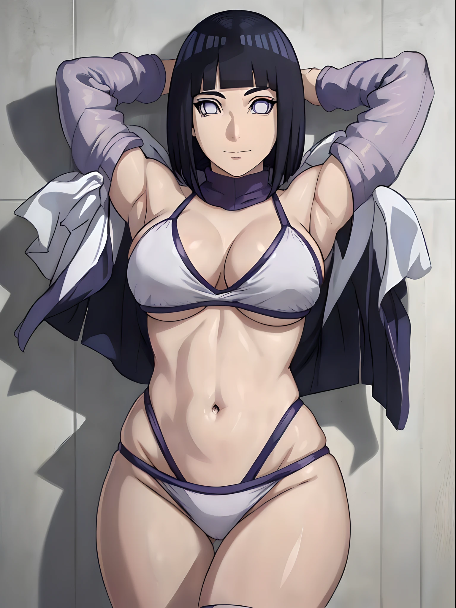 anime style, wrestling ground, (hinata\(boruto\), (female wrestler), (slender body), mature woman, milf, (bikini, pro wrestling gear) victorious, gorgeous, winner, kind face, smile, closed mouth, pale skin, shiny skin, (dark blue hair color:1.1), wavy hair, ((short hair, hime cut), big breasts, (only one arm stretching), long belly, closed fists, seductive, (perfect eyes, white sciera, bright eyes, white eyes, anime eyes, smoky eyeliner, eyeshadow)