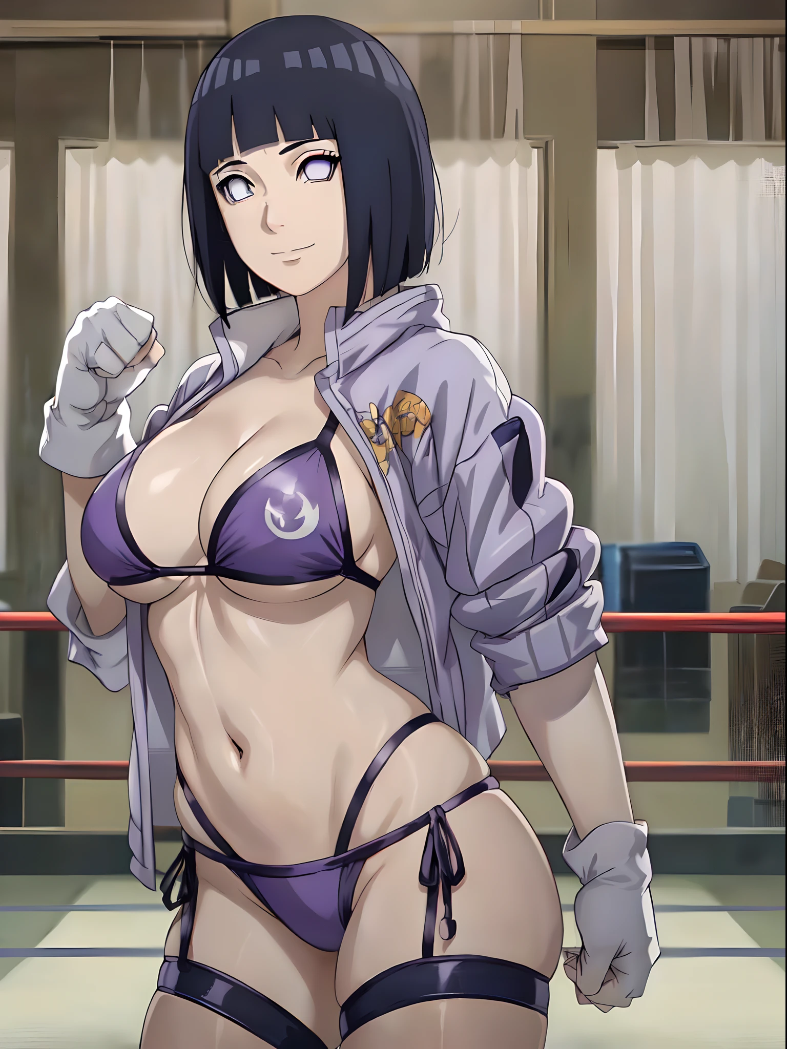 anime style, wrestling ground, (hinata\(boruto\), (female wrestler), (slender body), mature woman, milf, (bikini, pro wrestling gear) victorious, gorgeous, winner, kind face, smile, closed mouth, pale skin, shiny skin, (dark blue hair color:1.1), wavy hair, ((short hair, hime cut), big breasts, (only one arm stretching), long belly, closed fists, seductive, (perfect eyes, white sciera, bright eyes, white eyes, anime eyes, smoky eyeliner, eyeshadow)