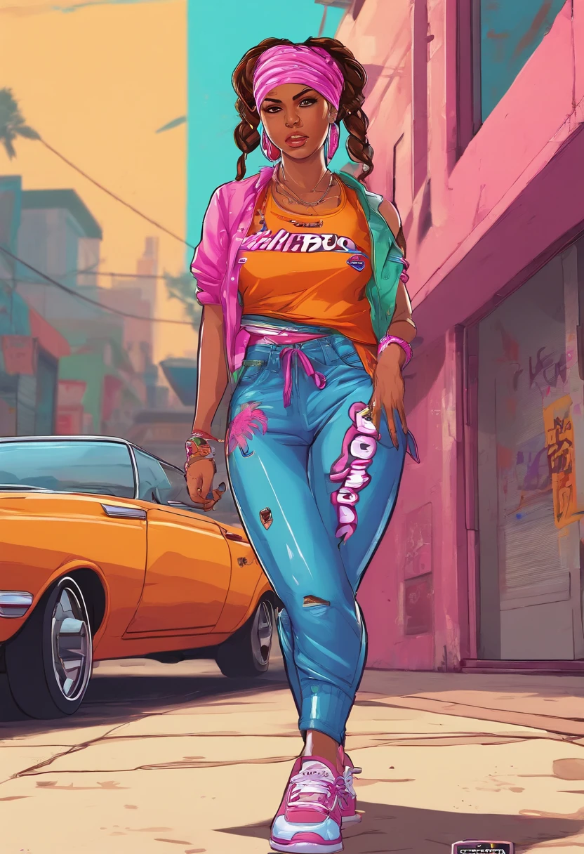 Masterpiece, Best Quality, A girl, suntanned skin, looking a viewer, sports clothing, leggins, Walk through the GHETTO , in sneakers, Simple background with logo, From Bottom, bandana on the face , Gangster clothing