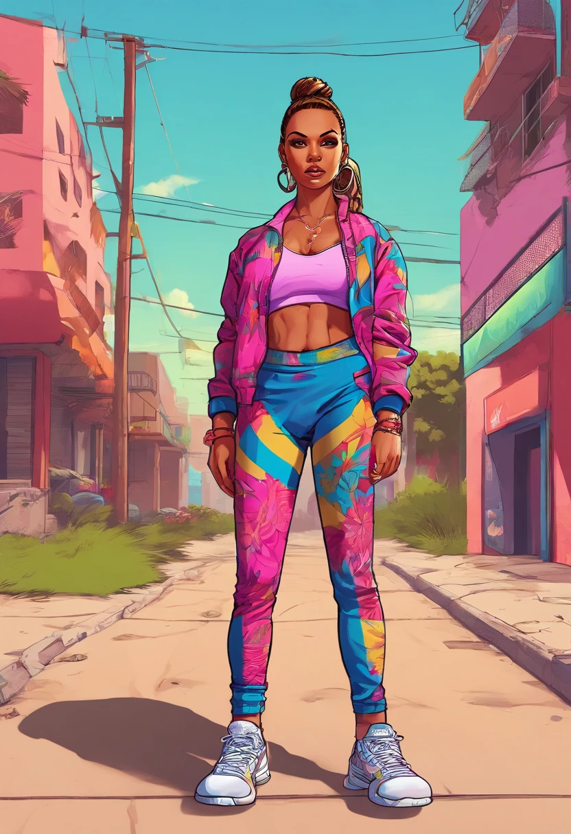 Masterpiece, Best Quality, A girl, suntanned skin, looking a viewer, sports clothing, leggins, Walk through the GHETTO , in sneakers, Simple background with logo, From Bottom, bandana on the face , Gangster clothing