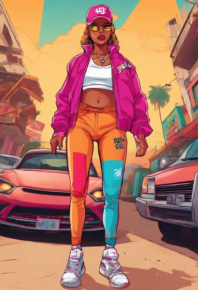 Masterpiece, Best Quality, A girl, suntanned skin, looking a viewer, sports clothing, leggins, Walk through the GHETTO , in sneakers, Simple background with logo, From Bottom, bandana on the face , Gangster clothing