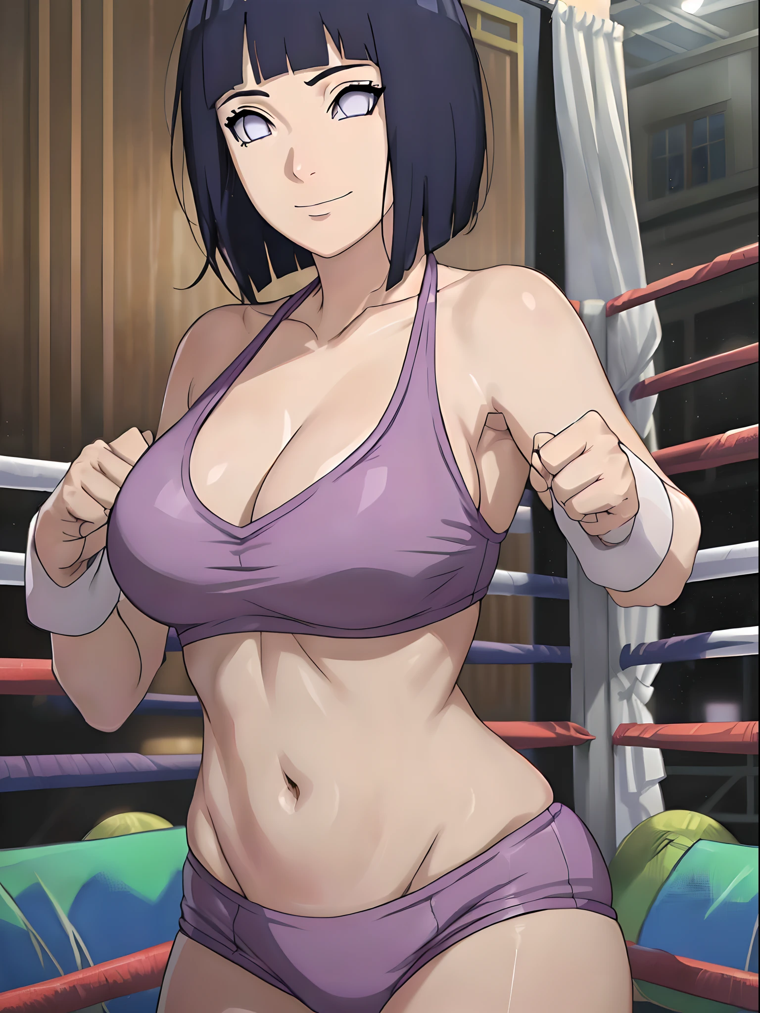 anime style, wrestling ground, (hinata\(boruto\), (female wrestler), (slender body), mature woman, milf, (bikini, pro wrestling gear) victorious, gorgeous, winner, kind face, smile, closed mouth, pale skin, shiny skin, (dark blue hair color:1.1), wavy hair, ((short hair, hime cut), big breasts, (only one arm stretching), long belly, closed fists, seductive, (perfect eyes, white sciera, bright eyes, white eyes, anime eyes, smoky eyeliner, eyeshadow)