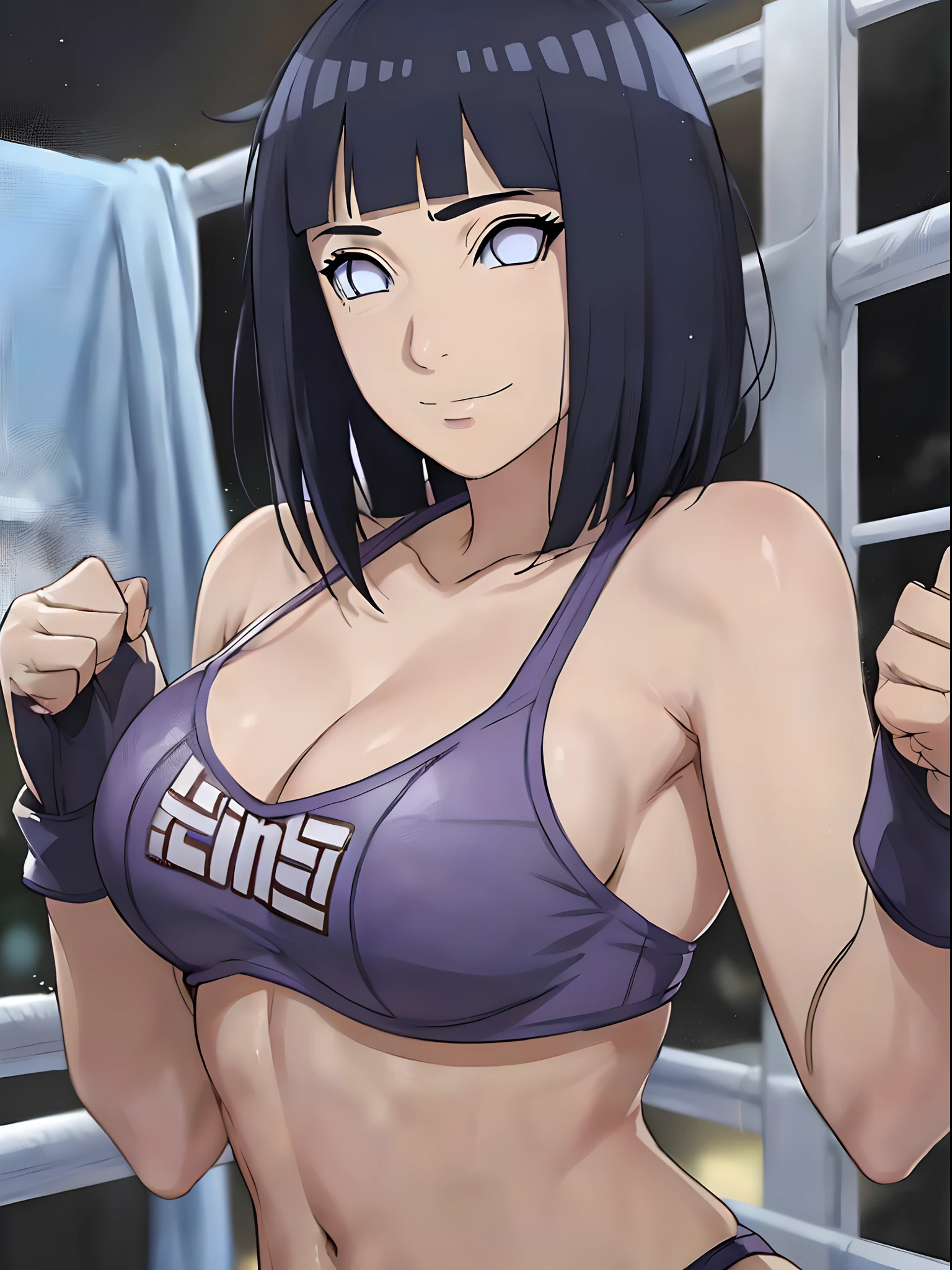 anime style, wrestling ground, (hinata\(boruto\), (female wrestler), (slender body), mature woman, milf, (bikini, pro wrestling gear) victorious, gorgeous, winner, kind face, smile, closed mouth, pale skin, shiny skin, (dark blue hair color:1.1), wavy hair, ((short hair, hime cut), big breasts, (only one arm stretching), long belly, closed fists, seductive, (perfect eyes, white sciera, bright eyes, white eyes, anime eyes, smoky eyeliner, eyeshadow)