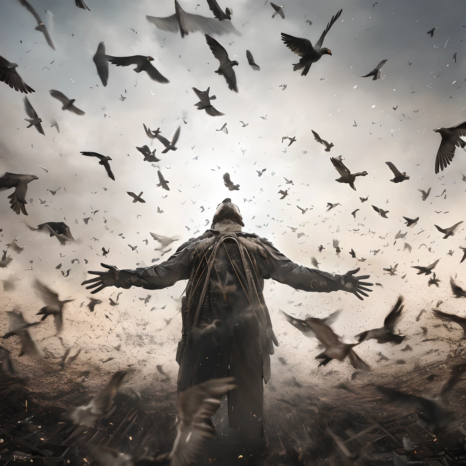 there is a man standing in the middle of a flock of birds, dramatic action photography, his arms spread. ready to fly, birds flying away from explosion, dramatic cinematic action shot, 2 0 2 2 photo, dramatic cinematic shot, dramatic artwork, wings growing out of arms, dramatic action atmosphere, by Ludwik Konarzewski