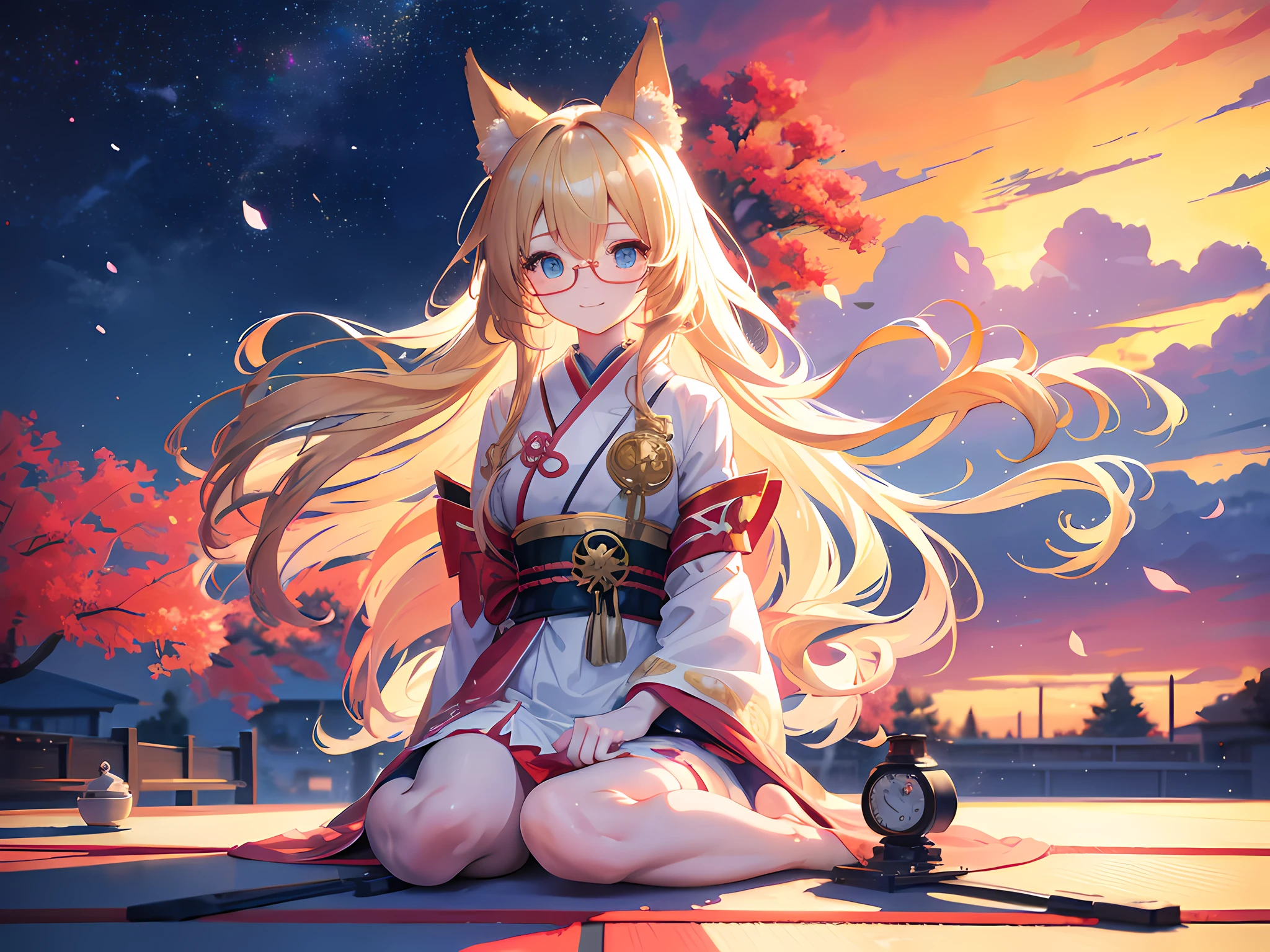 1anime girl, blue eyes, long blonde hair, wavy fluffy hair, golden retriver dog ears down, dog tail, wearing round glasses, wearing white dress, japan house, playing piano, smile, looking at viewer, anime style. 8k, high res, ultrasharp, masterpiece, render of april, stylized anime, lofi portrait, lofi artstyle, anime vibes, kawaii realistic portrait, lofi girl, anime stylized, render of a cute 3d anime girl, anime styled 3d, anime highly detailed, realistic anime 3 d style, with bloom ethereal effects