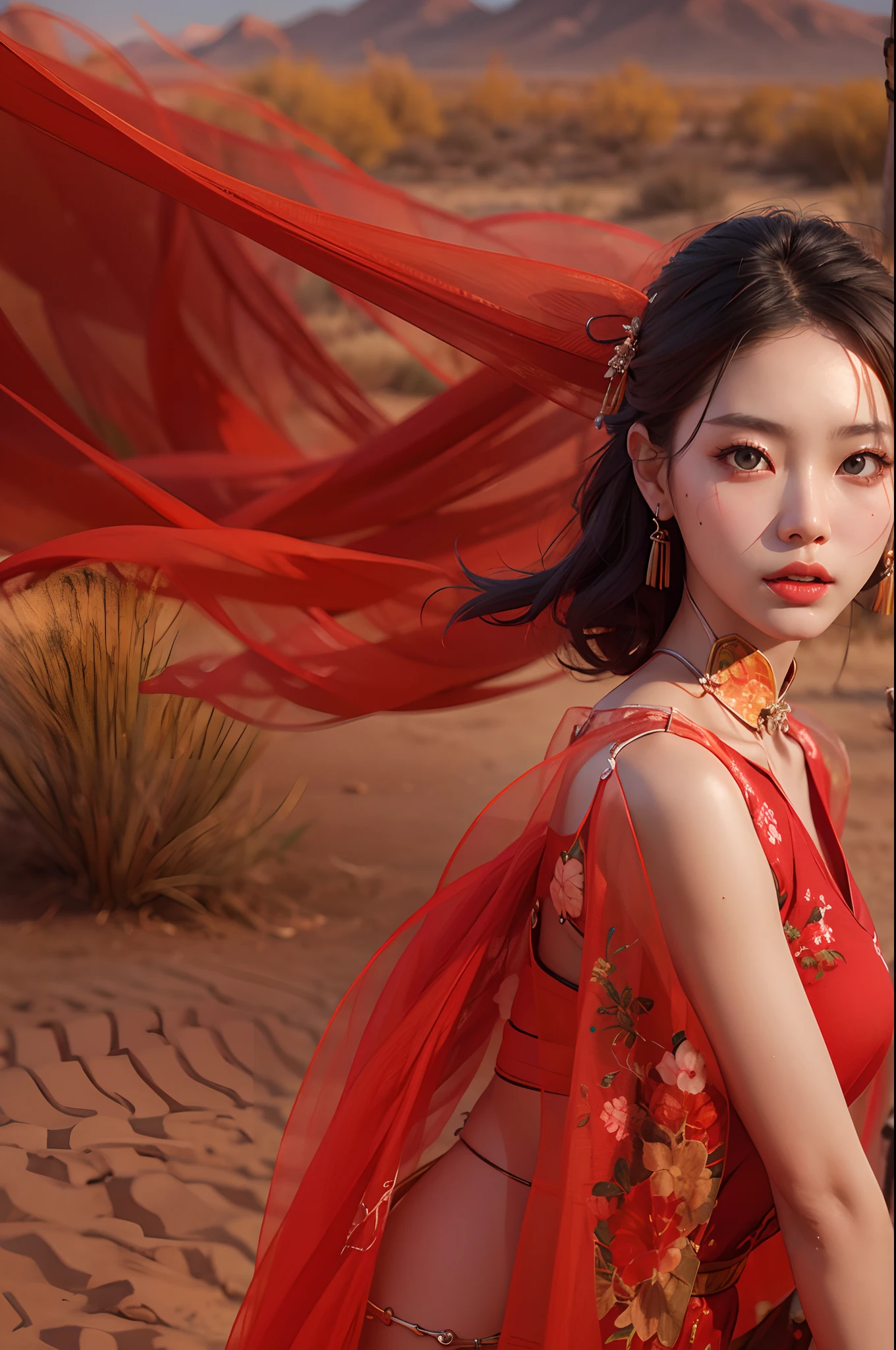 Chinese beauty in red,Refined looks,Fairy air fluttering,The gauze skirt flew up,Take photos in the desert,ultra-realistic realism,color field printing,high detal,hyper HD,anatomy correct,cinematic lighting 4d quality