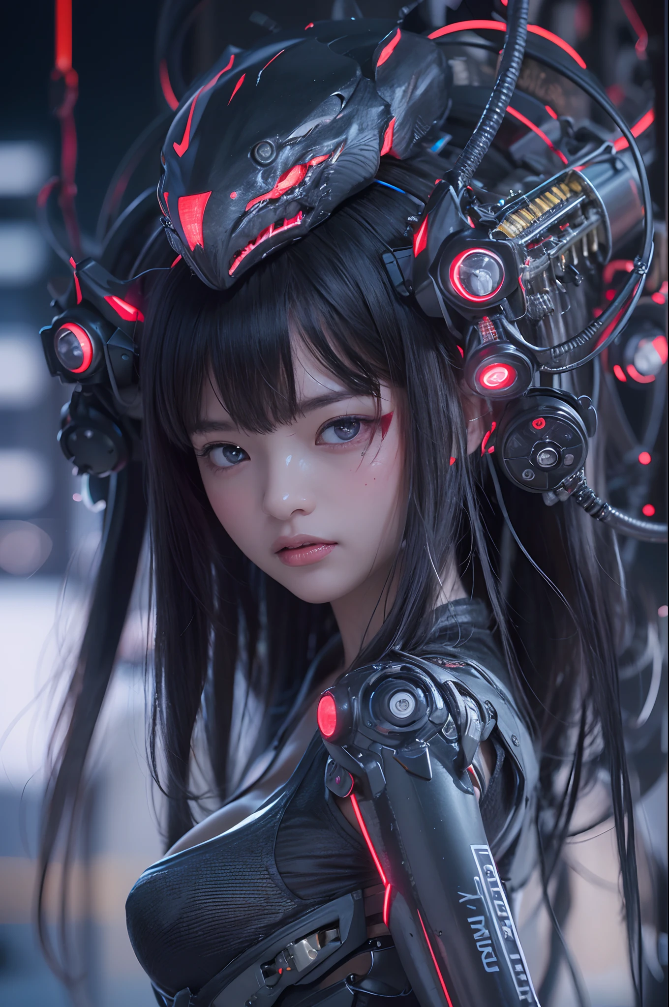 最好质量、巨作、ultra-high-resolution、(photoreallistic:1.4)、Raw photo、女の子1人、Black hair、glowy skin、1 Mechanical Girl、((hyper realistic detail))、portlate、Global Illumination、Shadow、octane rend、8K、ultrasharp、big tit、Raw skin is exposed in cleavage、metals、Details of complex ornaments、Gothloli details、Analog Meter、cog、gear、Golden hydraulic cylinder、hyper intricate details、Realistic light、CGSoation Trends、purple colored eyes、eyes glowing、Facing the camera、neon details、Mechanical limbs、blood vessels connected to tubes、Mechanical vertebrae attached to the back、mechanical cervical attaching to neck、sitting on、Wires and cables connecting to the head、Small LED lamp、