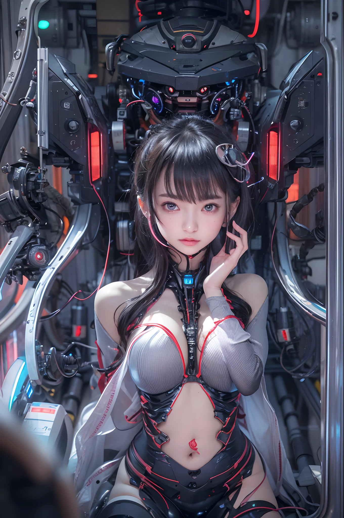 Top quality, Masterpiece, 超高分辨率, (Photorealistic: 1.4), RAW photo, 1 girl, Black hair, Glossy glossy skin, 1 mechanical girl, (hyper realistic detailed)), Portrait, Global illumination, Shadows, Octane rendering, 8K, ultrasharp, , Cleavage Exposed Raw Skin, metal, Intricate Ornament Details, Japan Details, very complex details, Realistic light, CGSoation trend, Purple eyes, Glowing eyes, Facing the camera, neon light detail, Mechanical limbs, Blood vessels connected to the tube, Mechanical vertebrae attached to the back, mechanical cervical attachment to the neck, Sitting, wires and cables connecting to head, Evangelion, small led lights,