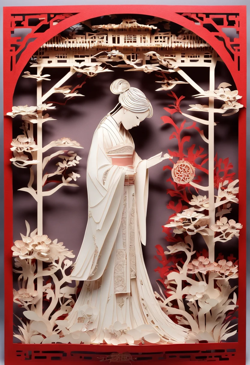 best quality, highres, (paper art), (fairytale:1.1), (Chinese:1.1) woman, (hanfu:1.1), (beautiful:1.1) render, (intricate:1.1) details, (moonlit:1.1) scenery, (masterpiece:1.2), painted (metal:0.9), (vibrant:1.1) colors, (soft:0.9) lighting