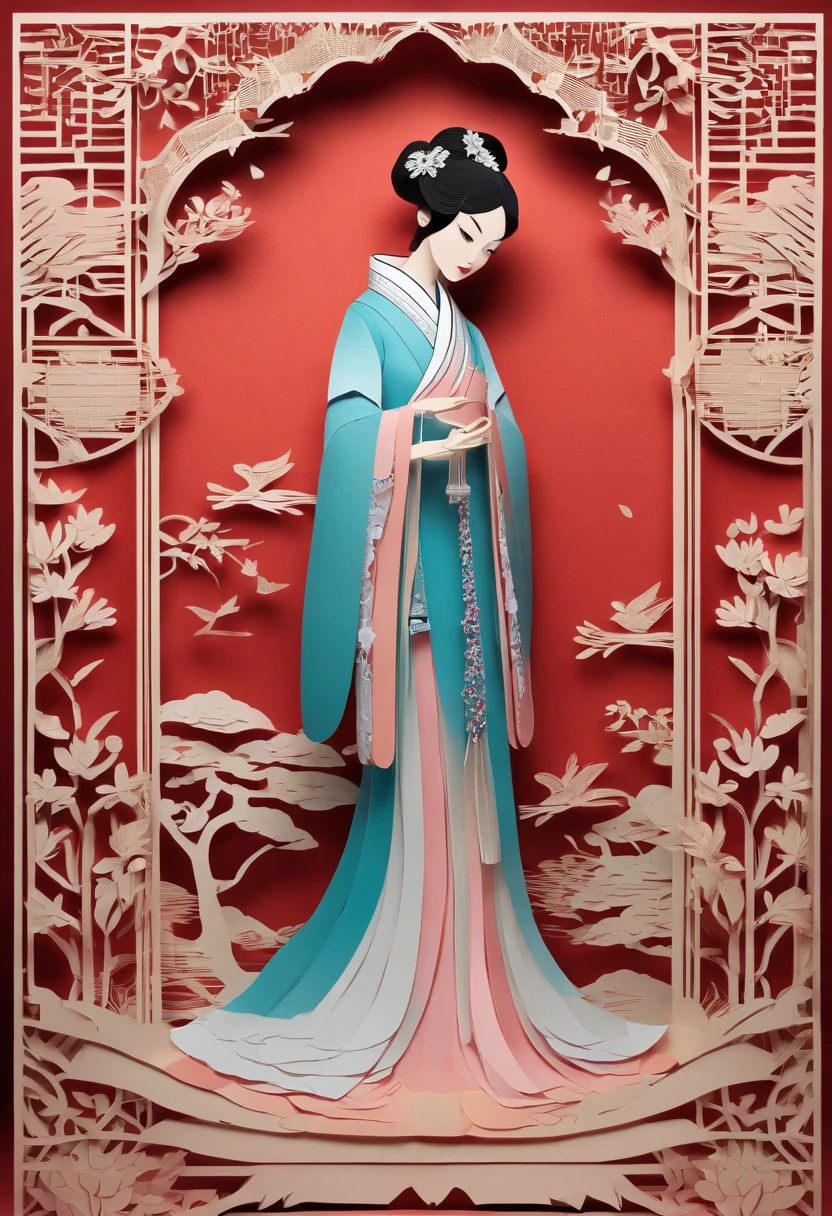 best quality, highres, (paper art), (fairytale:1.1), (Chinese:1.1) woman, (hanfu:1.1), (beautiful:1.1) render, (intricate:1.1) details, (moonlit:1.1) scenery, (masterpiece:1.2), painted (metal:0.9), (vibrant:1.1) colors, (soft:0.9) lighting