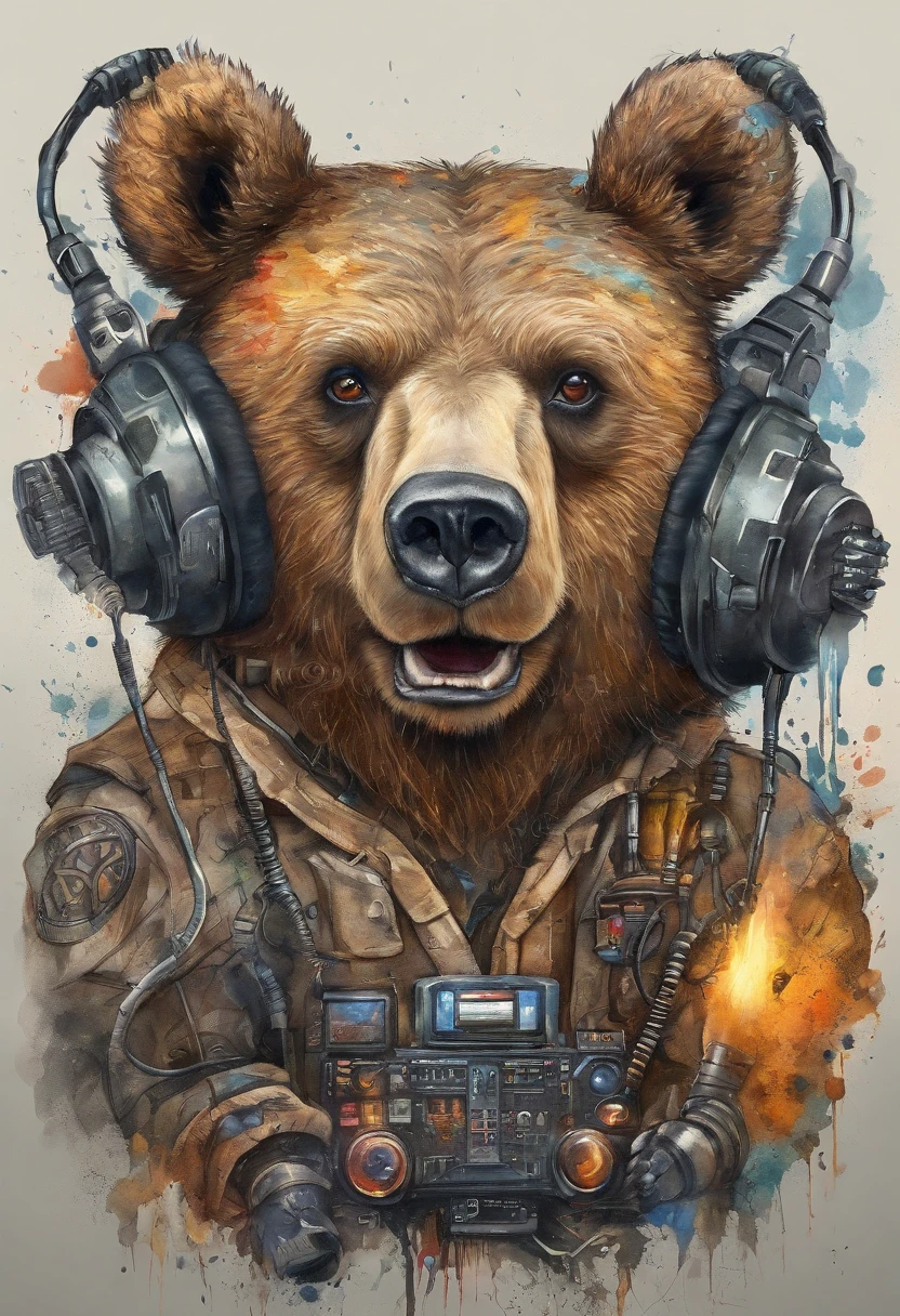(Best Quality,Ultra-detailed,Realistic:1.37),((Cute Bear)),Also has a game controller,headset on head,Gaming Chair,Streamers Room,(Flying bees),top-quality, Dramatic Lighting, menacing pose, fierce look, epic atmosphere, Cyberpunk style, Clockwork, ((Intricate details)), nffsw, ((Intricate details, hyperdetails)), cinematic shot, Vignette, bokeh effect beckground,