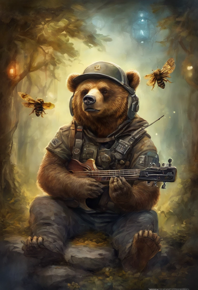 (Best Quality,Ultra-detailed,Realistic:1.37),((Cute Bear)),Also has a game controller,headset on head,Gaming Chair,Streamers Room,(Flying bees),top-quality, Dramatic Lighting, menacing pose, fierce look, epic atmosphere, Cyberpunk style, Clockwork, ((Intricate details)), nffsw, ((Intricate details, hyperdetails)), cinematic shot, Vignette, bokeh effect beckground,
