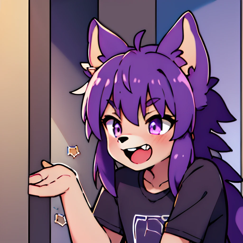 ((masterpiece, best quality)), 1boy, solo, hazel eyes, long hair, purple hair, black shirt, indoors, hyena, anthro, Purple fur, teeth, detailed hand