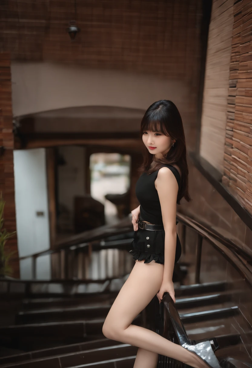 (top-quality、8K、32K、masterpiece、nffsw:1.2)、1girl in、beautiful japanese female、(a beauty girl)、big breasts thin waist、Aligned bangs、Tight white tops、Black miniskirt、20yr old、Coming down the brick stairs、(pretty pose:1.2)、(smil:1.5)、