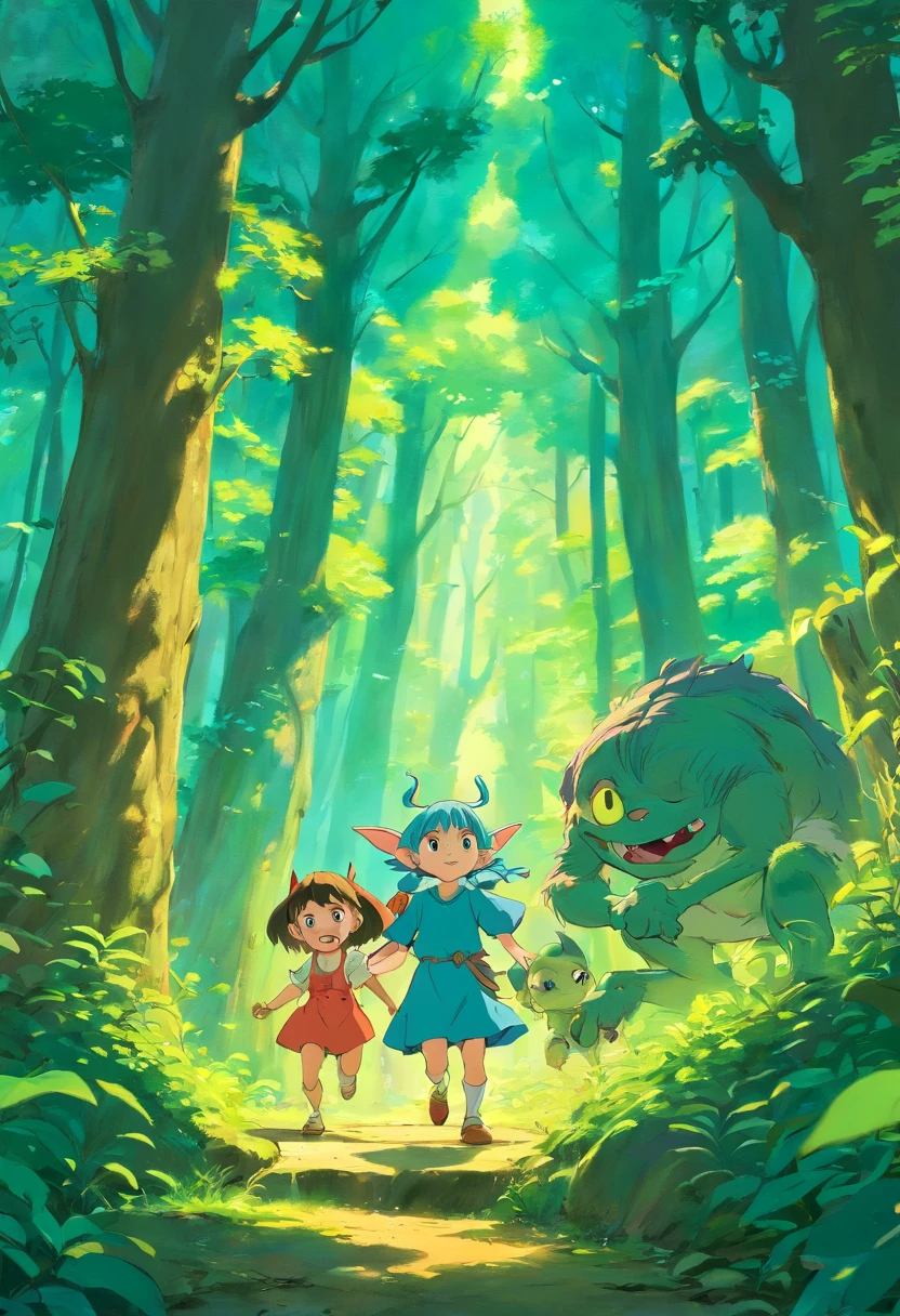 goblins,playing with little girl,forest,vibrant colors,soft lighting