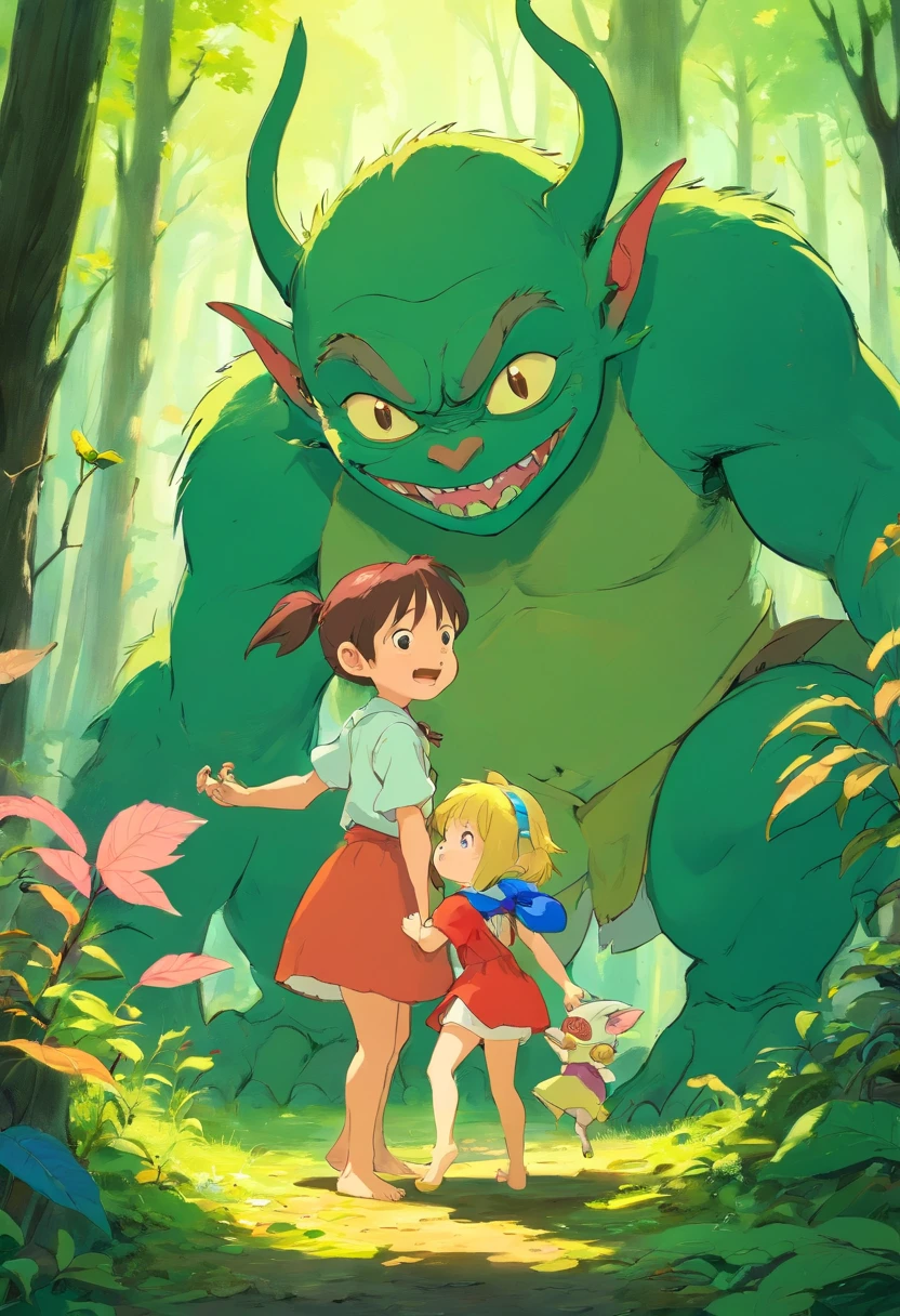goblins,playing with ,forest,vibrant colors,soft lighting