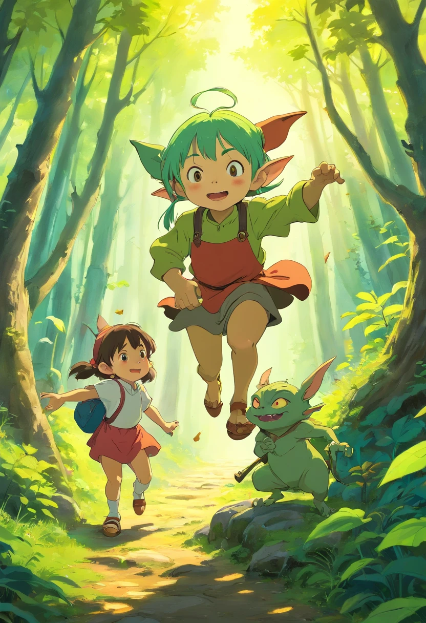 goblins,playing with little girl,forest,vibrant colors,soft lighting
