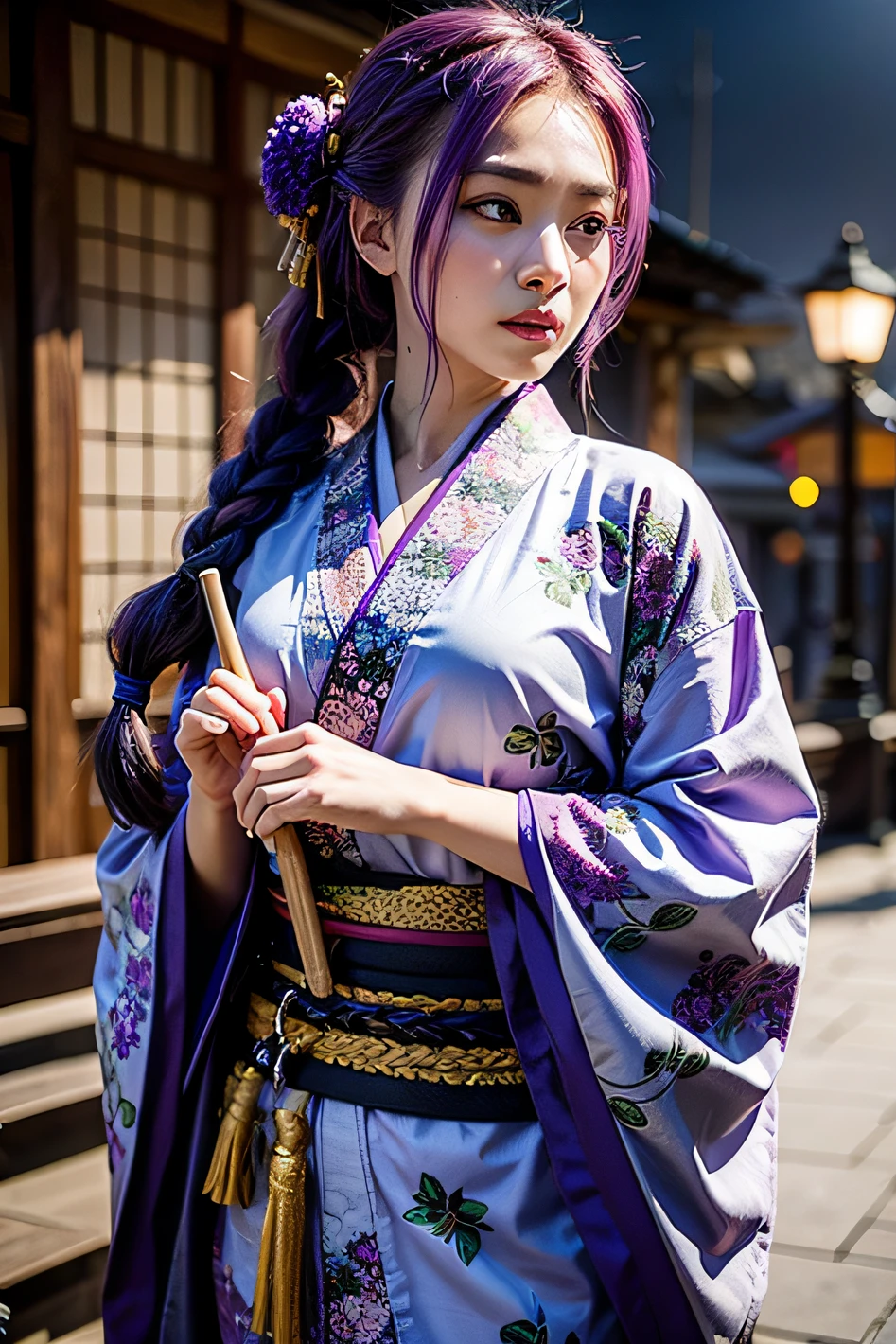 Japanese cyberpunk high fashion of Oiran kimono cool girl, kimono punk, cyberpunk, pink and blue neon color, upper standing, (Dynamic light and shadow, High resolution, Sharp focus, Depth of written boundary), against bright pink background