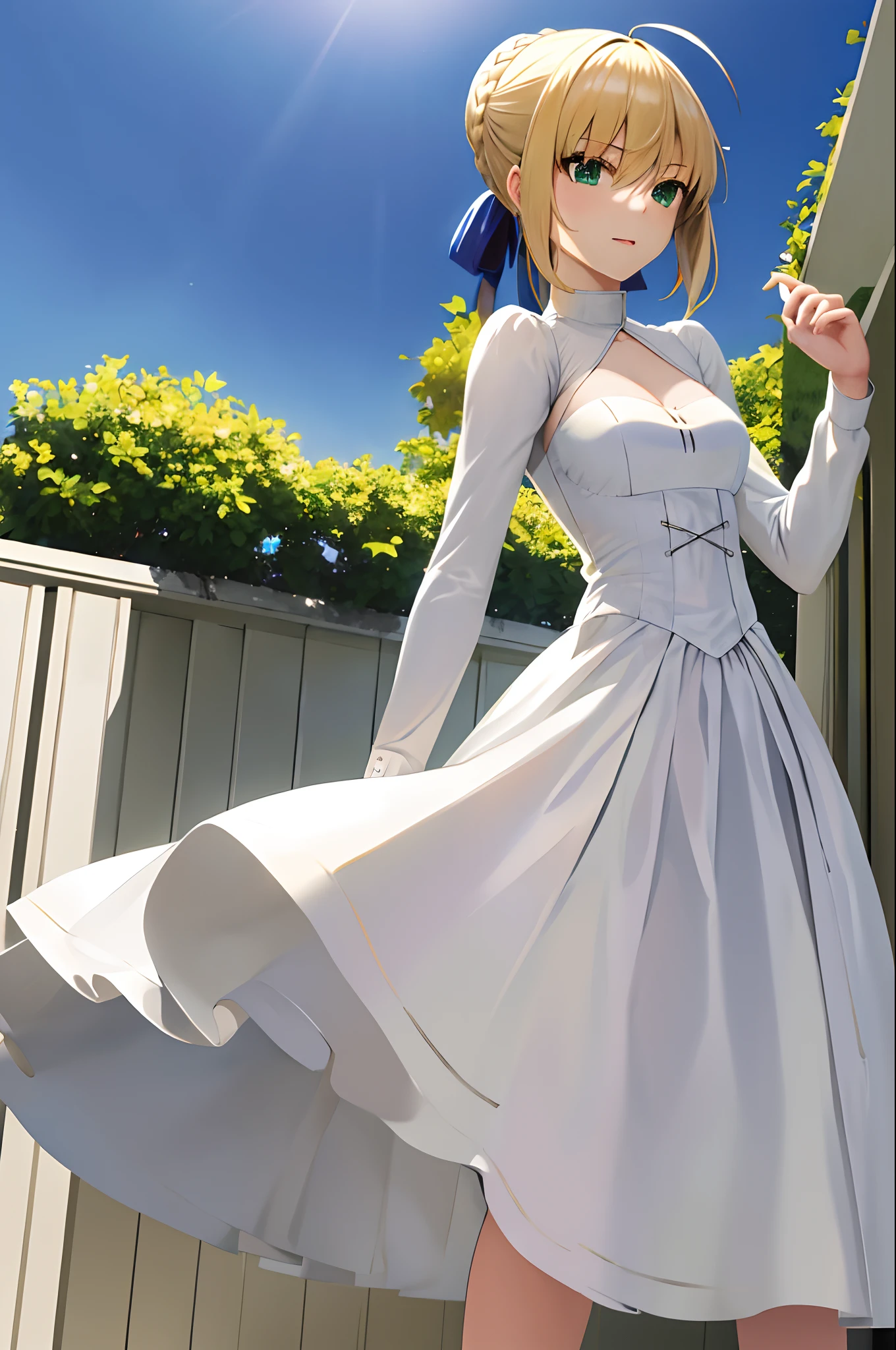 masterpiece, best quality, highres, bbsaber, green eyes, ahoge, white dress, formal, elegant, standing, cowboy shot