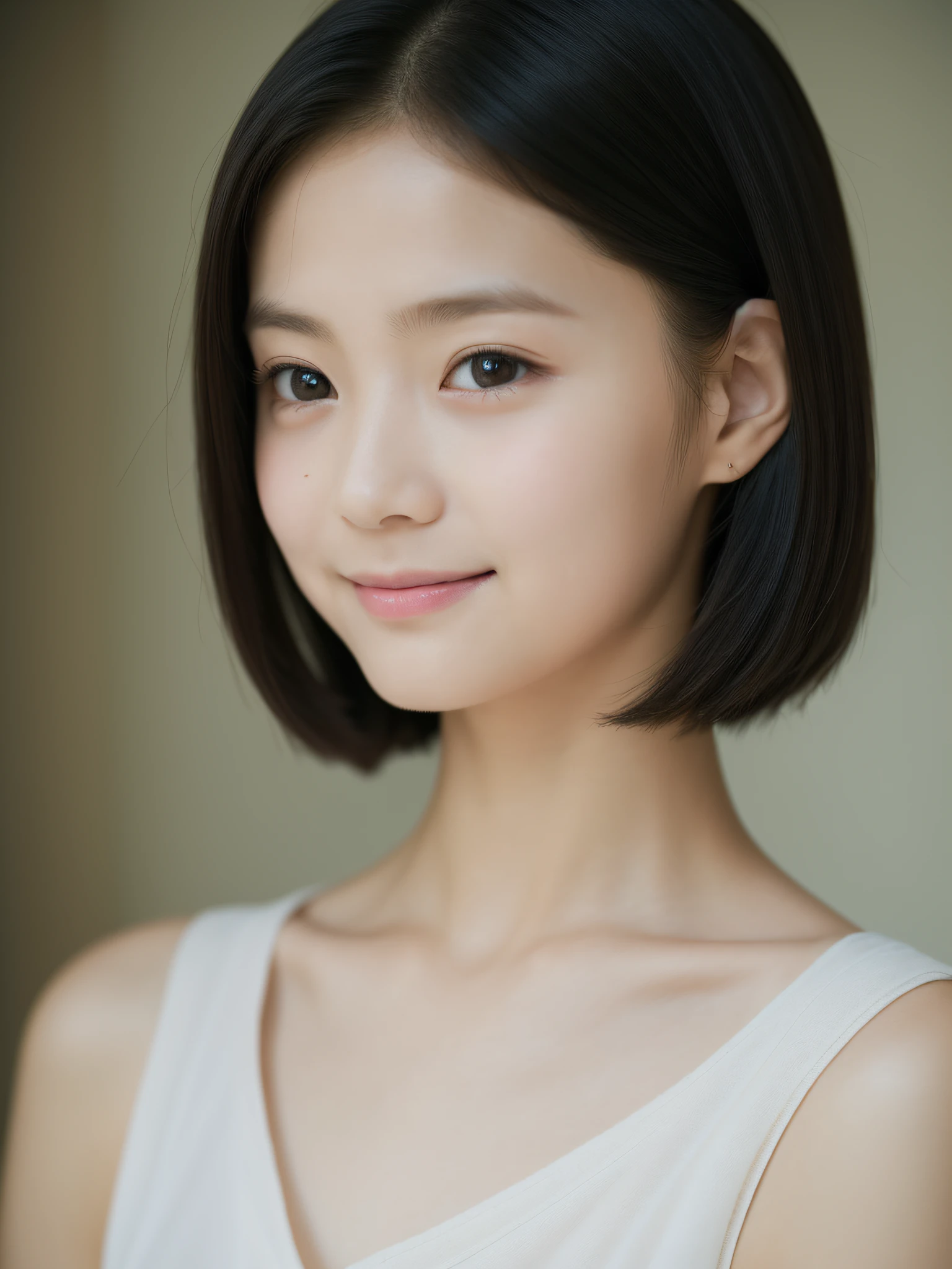 Neat and clean elementary school girl, petite person, (slim, Small, Flat, Small), Short black hair, Photorealistic, detail, Detailed skin texture, Ultra Detail, delicate sexy collarbone, Smile, Super Detailed Face, Detailed lips, Detailed eyes, (10years old girl)、Delicate eyebrows、short neck、Little baby face、Professional Photography、(watching at viewers)、silk dresses、natural soft light、f lare