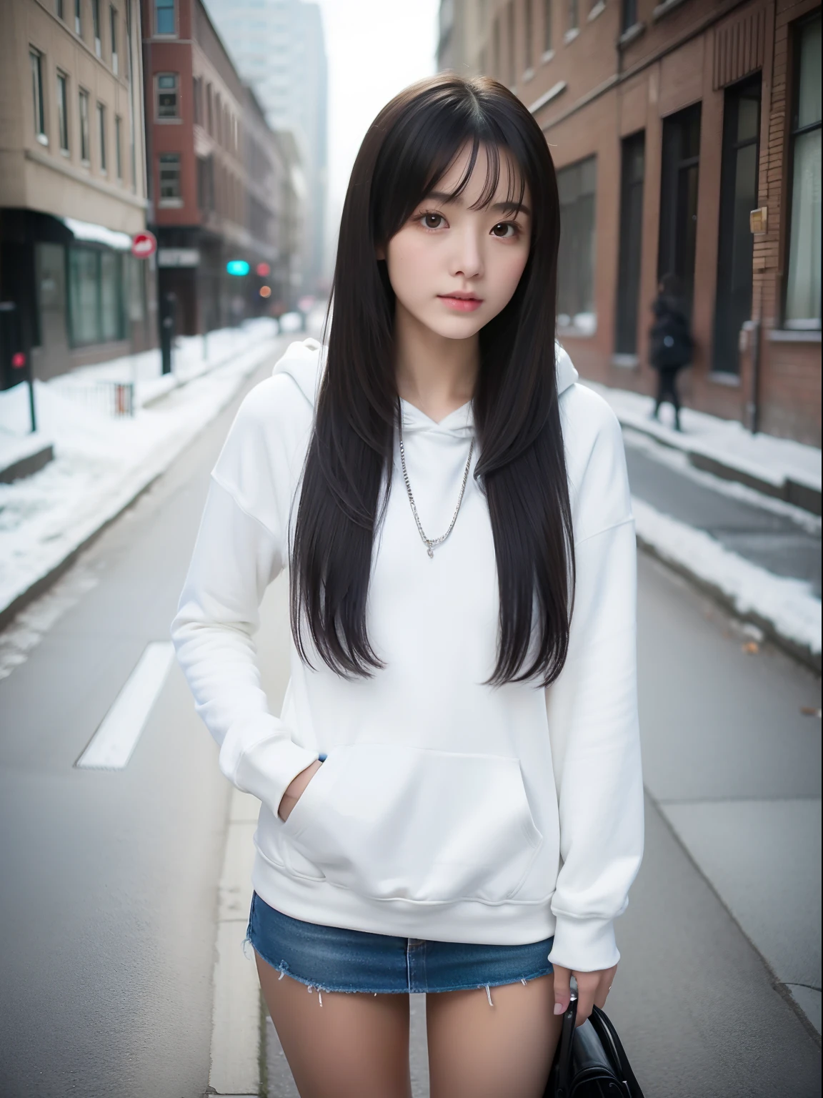 Knees,年轻,(a miniskirt),Long sleeve hoodie,s girl,Delicate body,petite body,Delicate body,small tits,tiny chest,Short,A dark-haired,Very Longhair,poneyTail,Snowy city