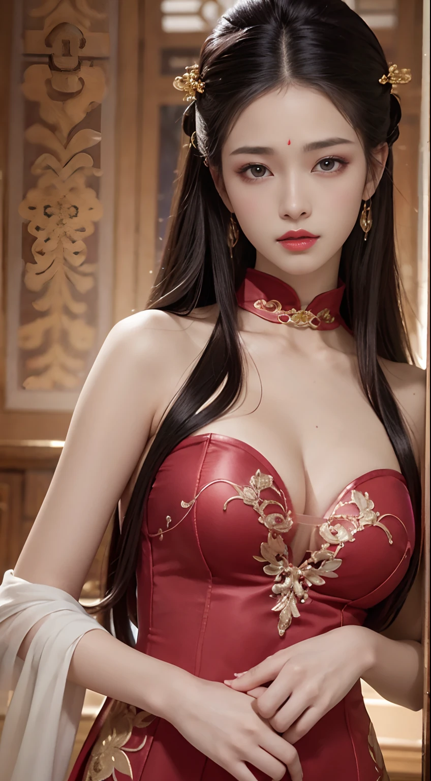 （From the outside） （shiny skins）， many colors，delicated face，body curve，rich skin details，best qualtiy，tmasterpiece，photos realistic，intricate-detail，RAW photogr，court，Gorgeous cheongsam，extra long hair，cropped shoulders，delicated face，Expose cleavage，hair pin，translucent，etheric
