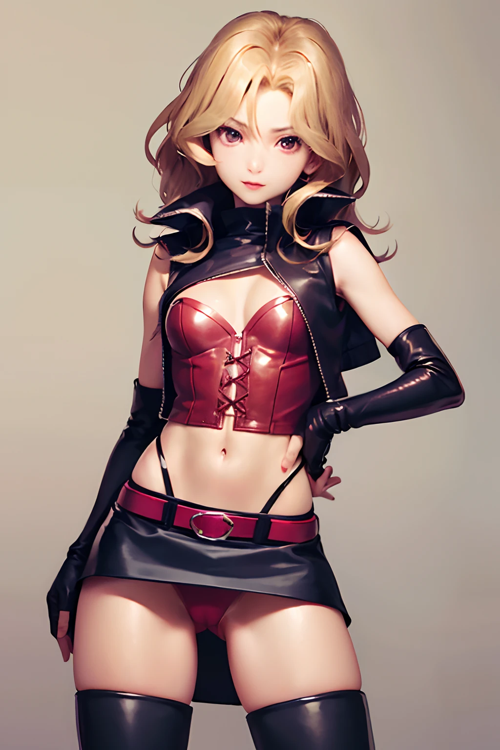(masutepiece, Best Quality:1.2), Cowboy Shot, Solo, 1girl in, Valentine's Day in May, embarassed expression、 Looking at Viewer, sleeveless jacket, Black Long Gloves、Skirt、thigh high boots、natta、((lift up one's skirt))、(Show underwear))、Red panties