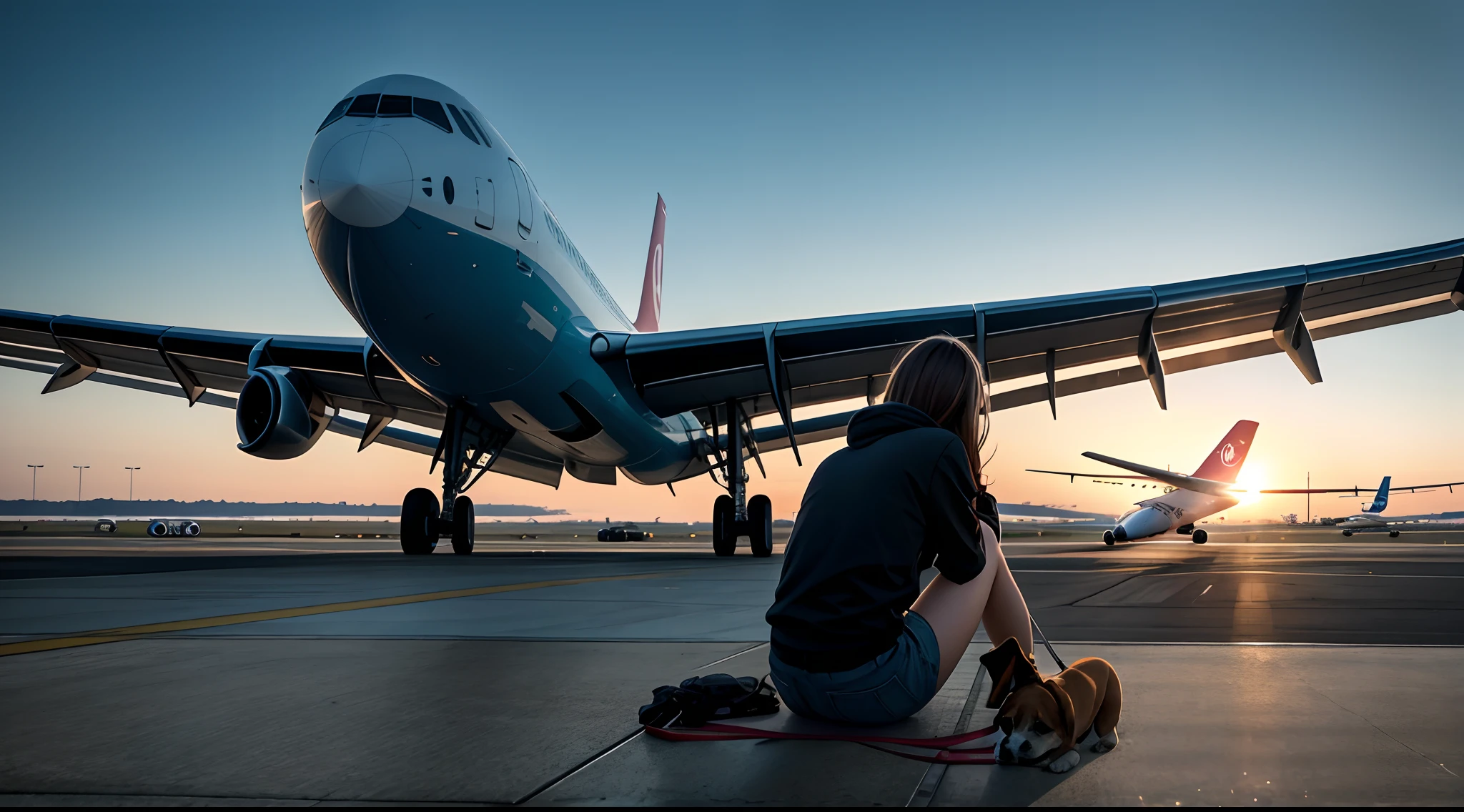 The ager sat on the runway of the airport and looked up at the plane that was moving away，The back of the teen and the puppy，（Aircraft Rear View 1.2）（Huge airplane view 1.2）（Sad Back 1.2）（Super light and shadow）（Extreme light chasing）（Extreme ambient light）（realistic scene）（Blurred background）（Real photo 1.2）（Canon 14mm ultra-wide-angle lens shooting,Extremely complex picture details:1.5），（Extremely complex and sophisticated materials1.3）（Real airport 1.3）（Real airport runway 1.3）（Both people and dogs are sitting1.3）（Hyper-realistic teenager dog 1.3）