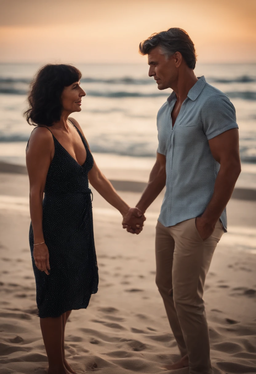 tanned mature woman, black hair with bangs, having sex standing up with young man on the beach