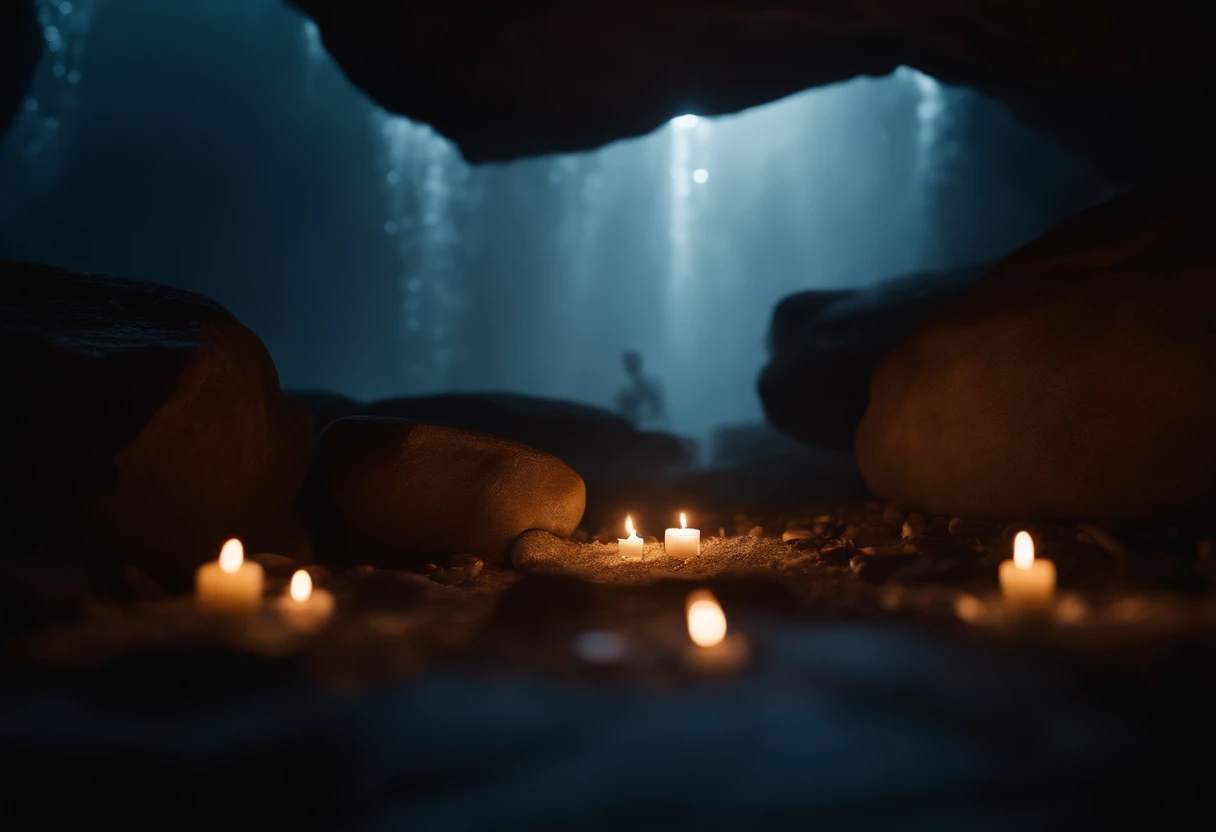 Inside the cave lit by candlelight