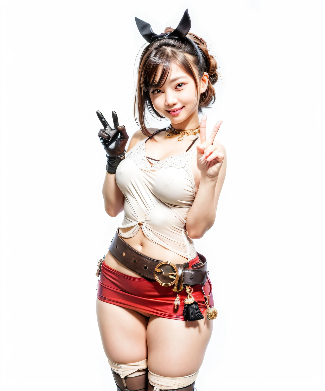 An asian girl smiling with big boobs and thick thighs and brown hair with black ribbon on her head making peace sign, ultra realistic, high quality, detailed face