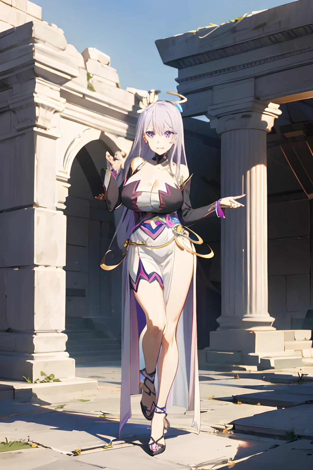 masterpiece, ((royal dressed)), ((wing)), halo, (best quality), (solo), 1girl, reona, silver hair, purple hair , (long skirt), long hair, purple eyes, sexy woman, hair between eyes, hair ornament, vibrant colors , natural lighting, RTX, (huge tits), (detailed face:1.2), (perfect eyes:1.1) ,(photorealistic:1.1), 8k uhd, looking a viewer, outdoors, simple backround, smile, (full body), standing pose, ((open legs), temple ruins, cleavage, detailed eyes,